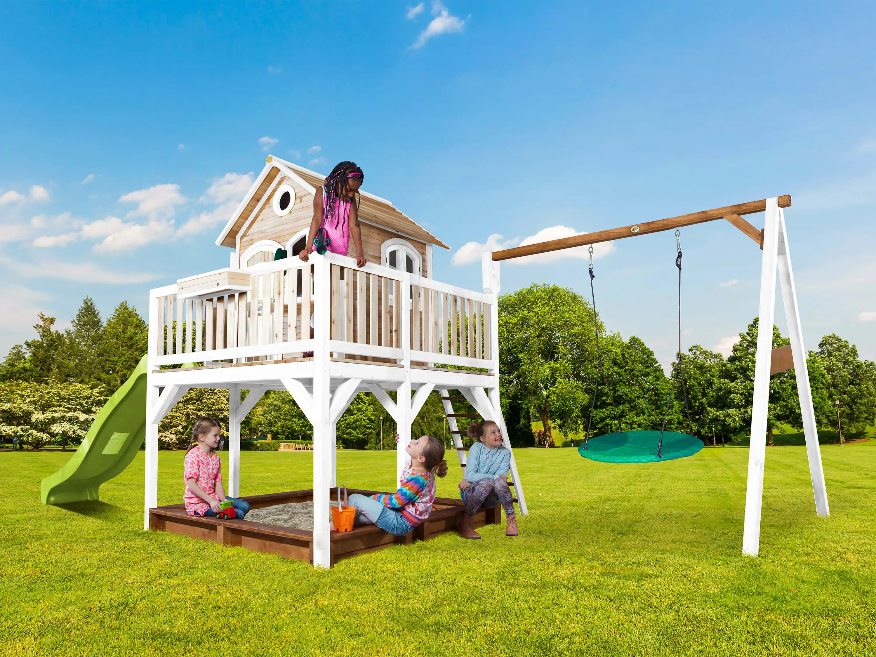 AXI Liam Playhouse with Summer Nest Swing Set Brown/White - Lime Green Slide