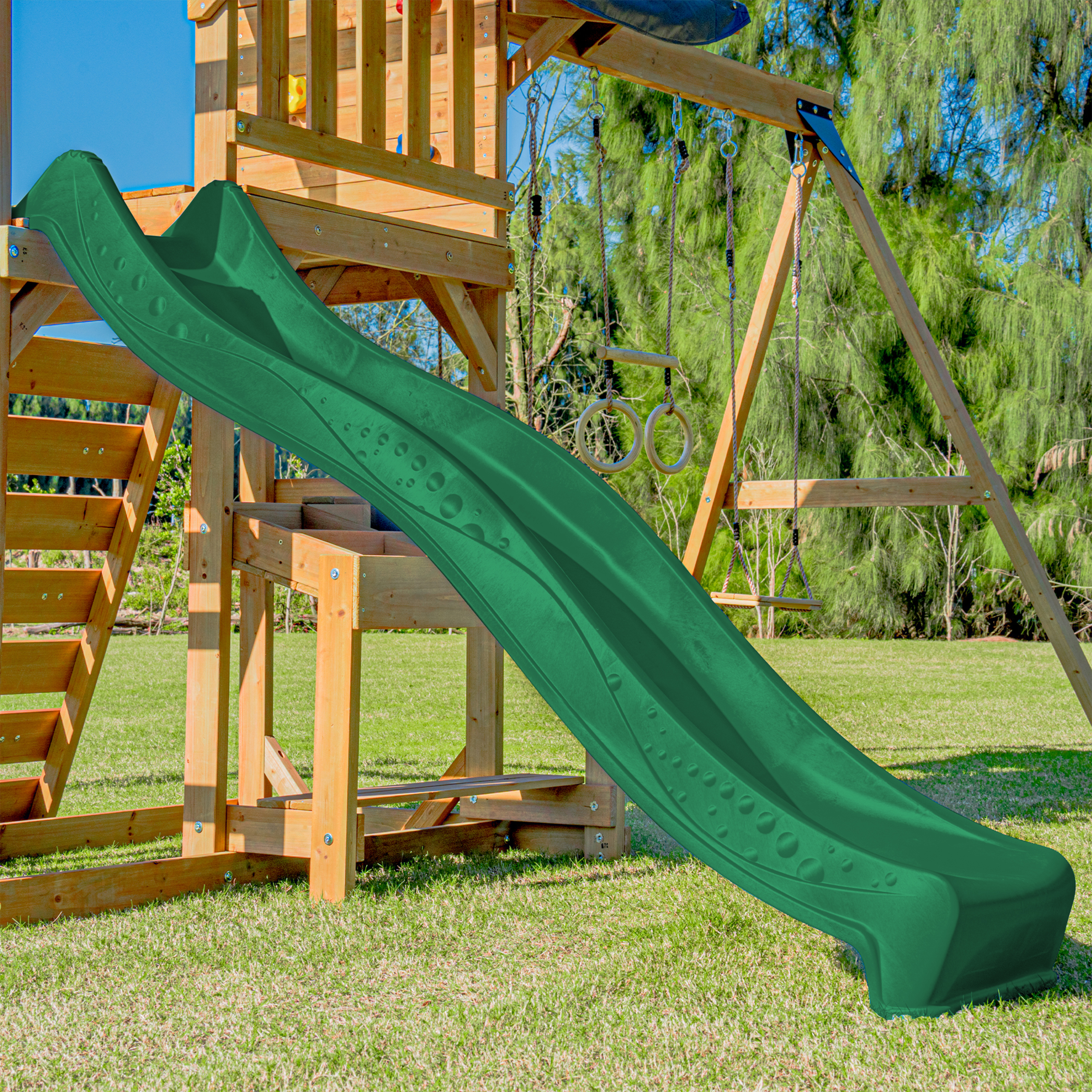 AXI Mitch Climbing Frame with Double Swing. Trapeze and Lookout Tower – Green Slide