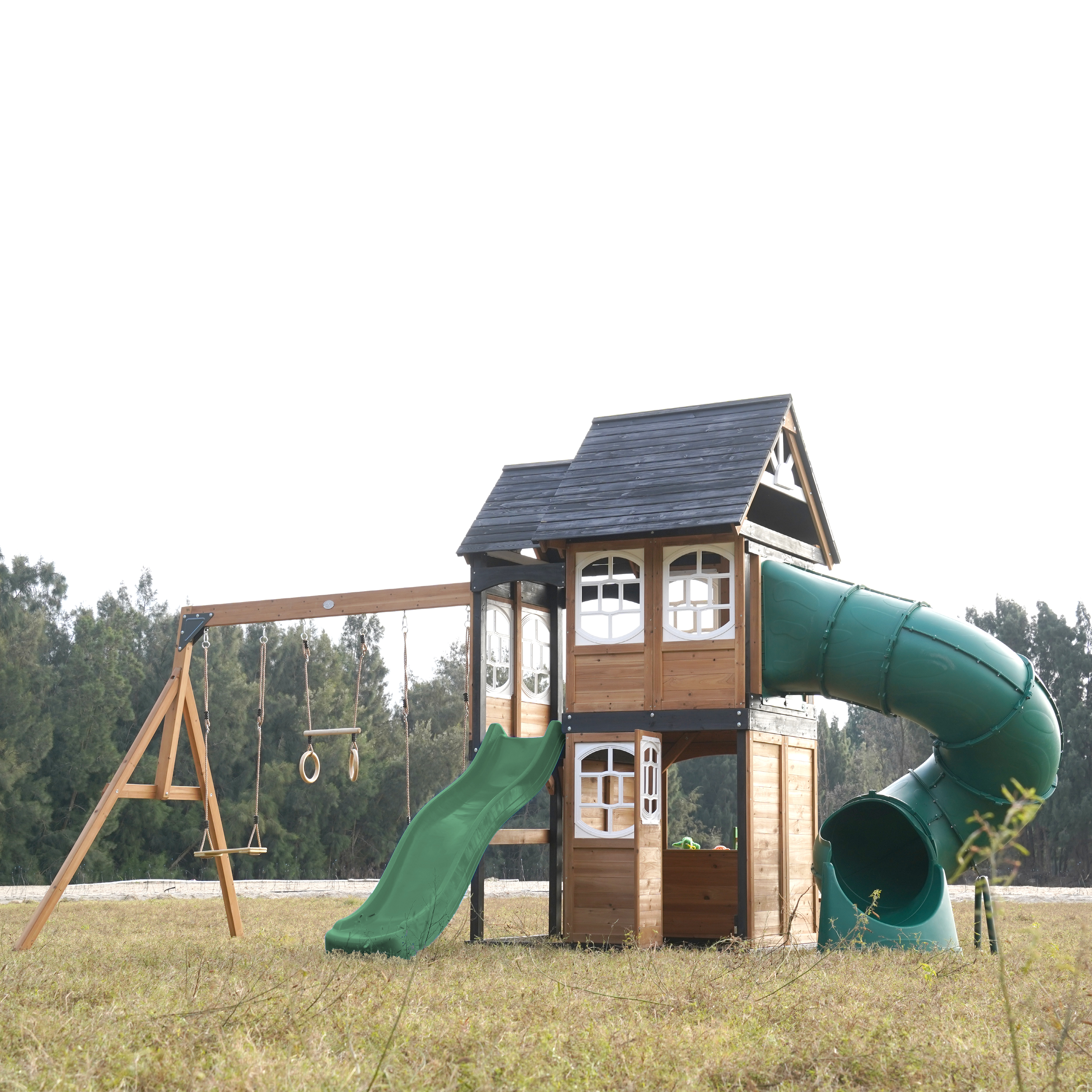 AXI Noud Climbing Frame with Playhouse, Swings, Trapeze and Climbing Wall – Green Slide and Tube Slide