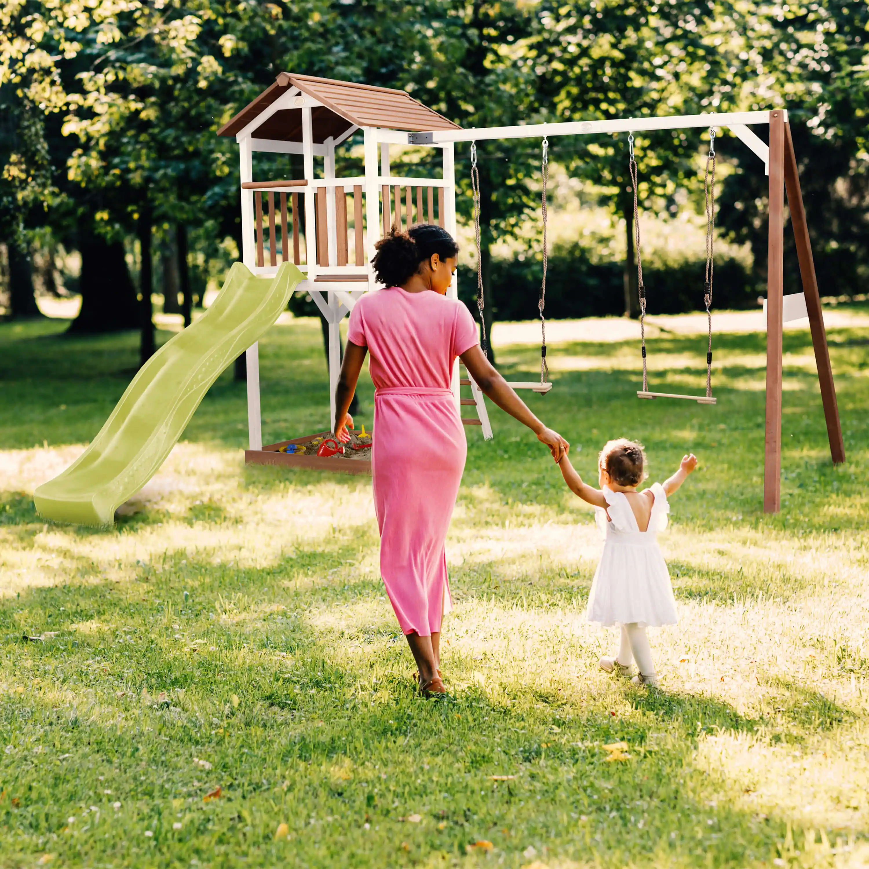 AXI Beach Tower with Double Swing Set Brown/White - Lime Green Slide