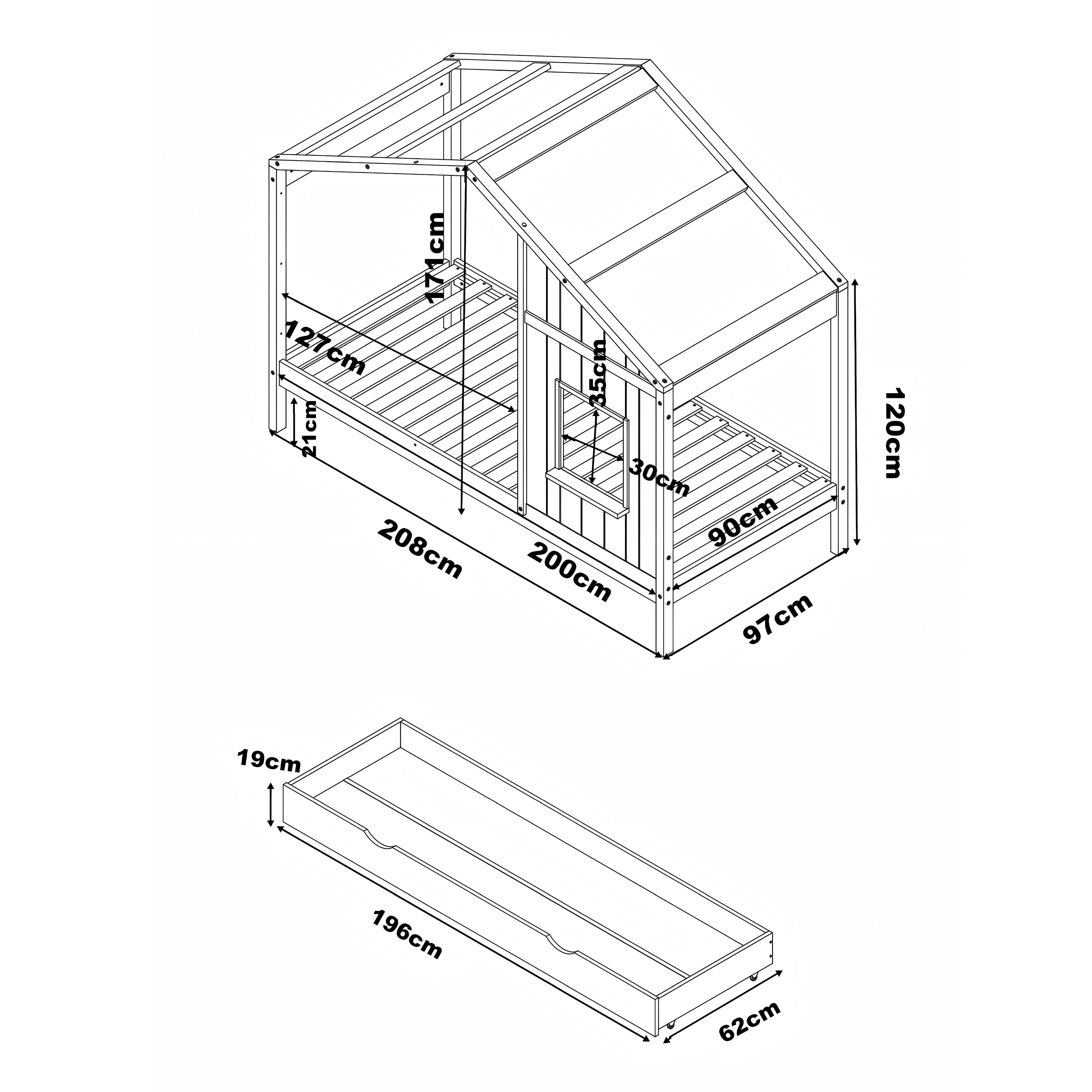 Sunny Beau House Bed with Storage Drawer Brown/White – With Mattress