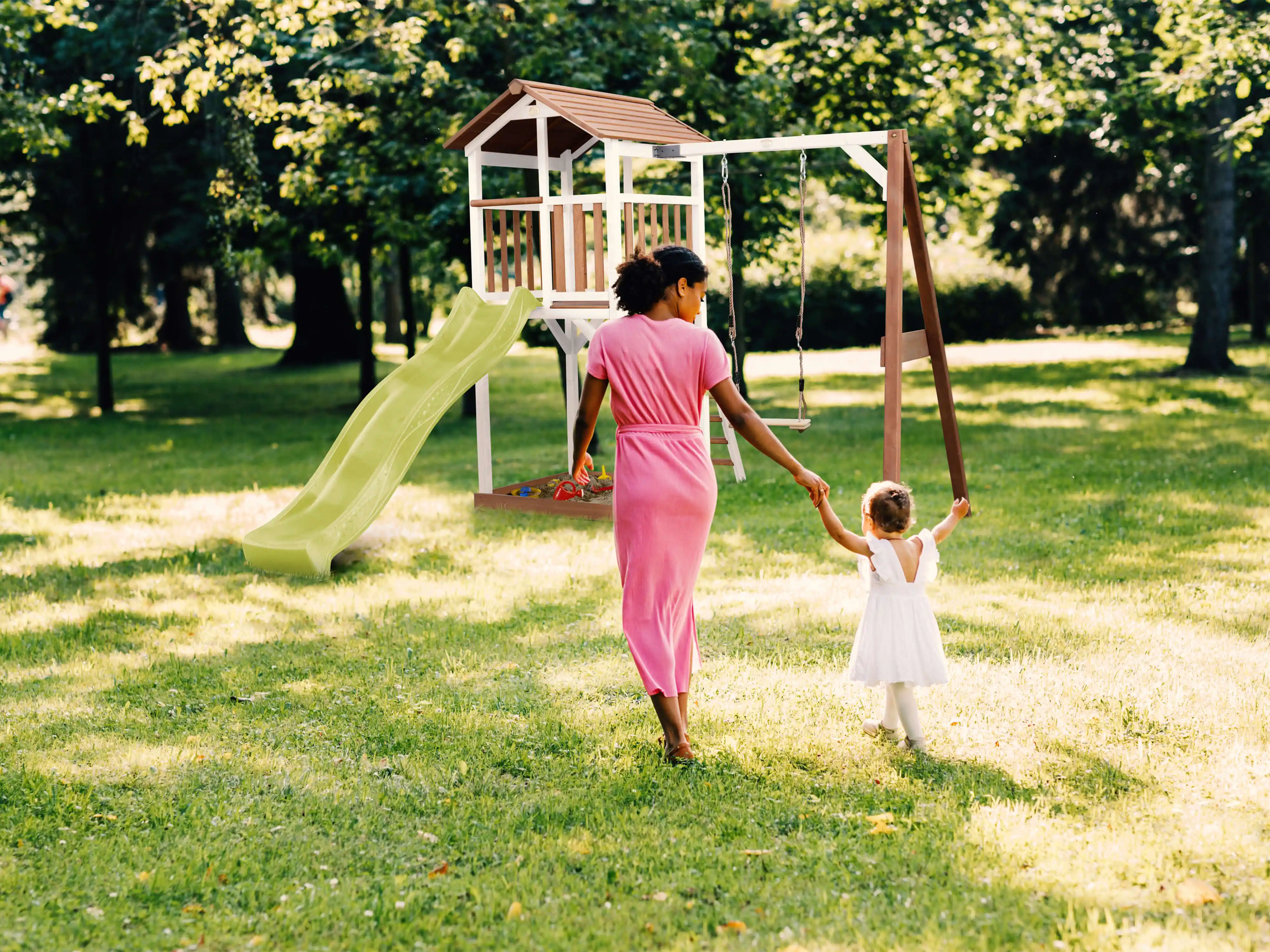 AXI Beach Tower with Single Swing Set Brown/White - Lime Green Slide