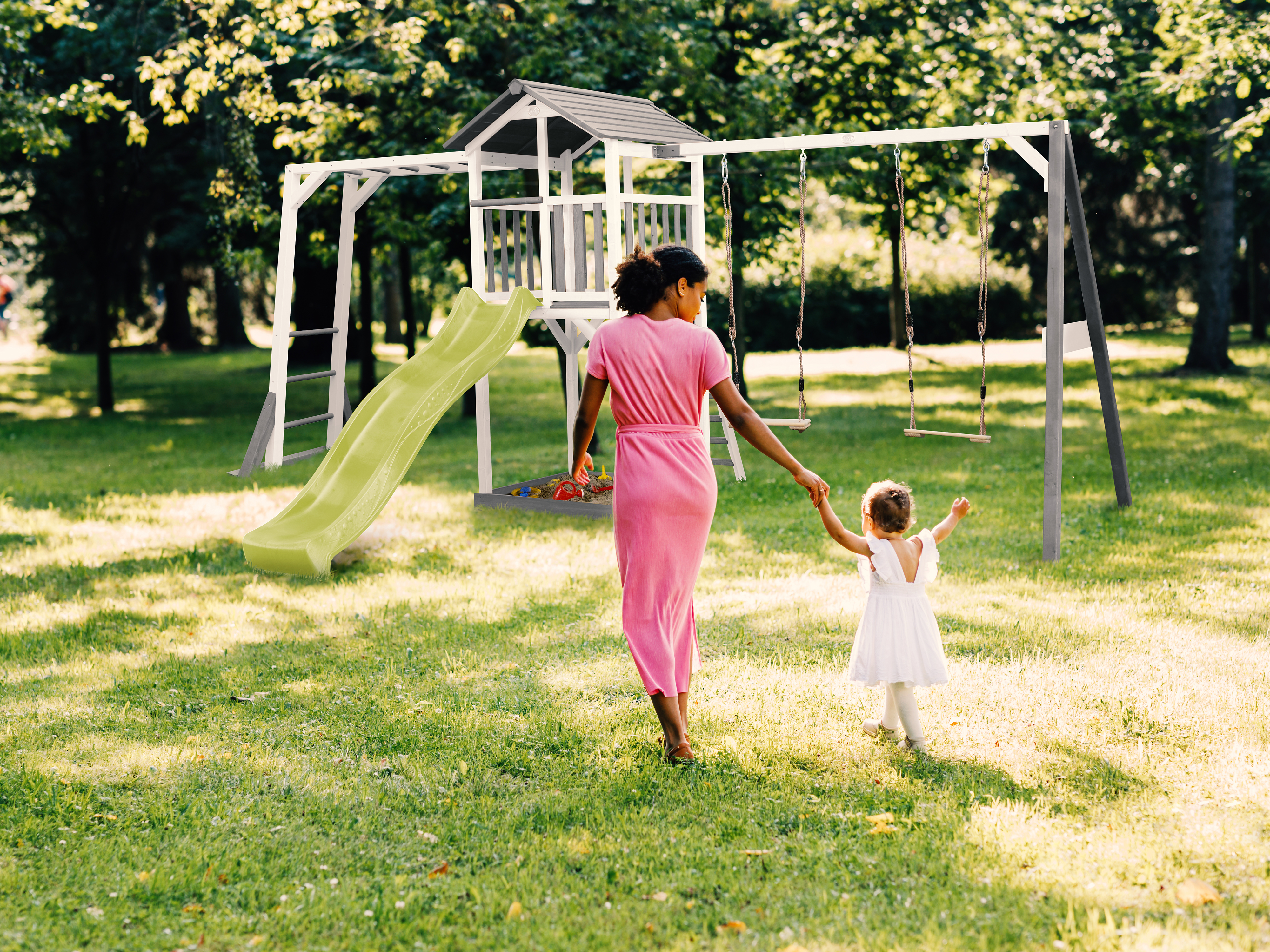 AXI Beach Tower with Climbing Frame and Double Swing Set Grey/White - Lime Green Slide