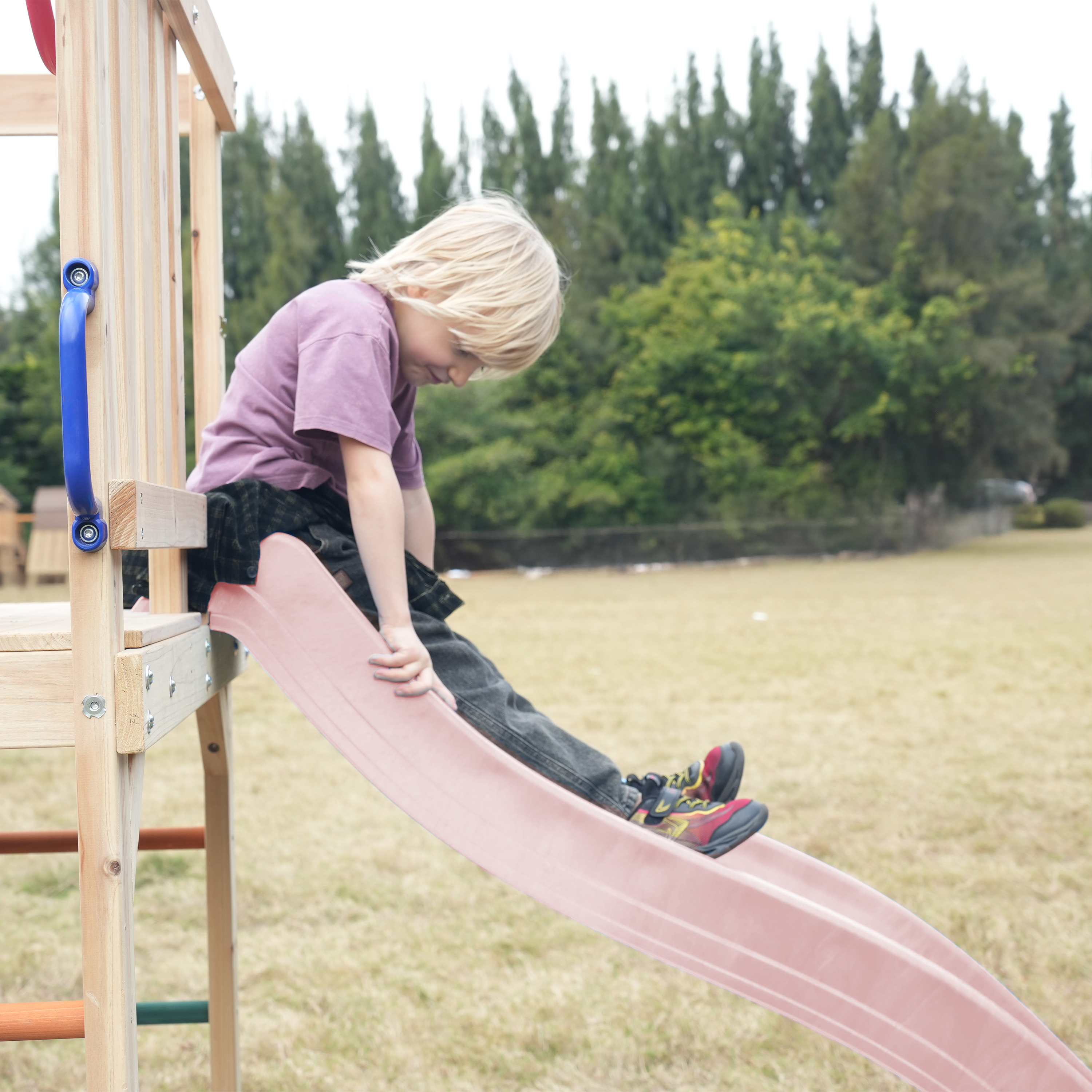AXI Sam Climbing Frame with Climbing Wall, Climbing Net and Monkey Bars – Pastel Pink Slide