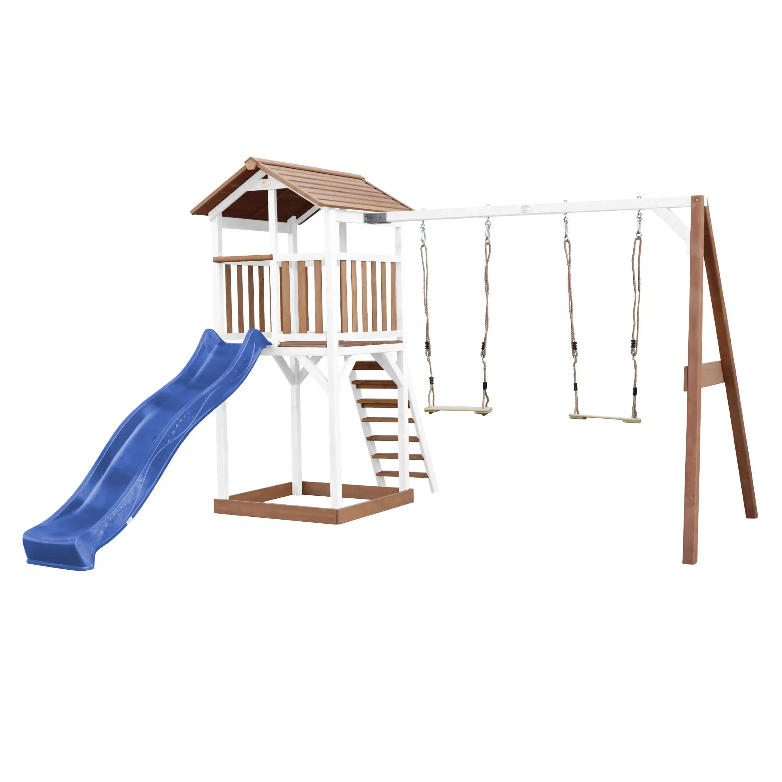 AXI Beach Tower with Double Swing Set Brown/White - Blue Slide