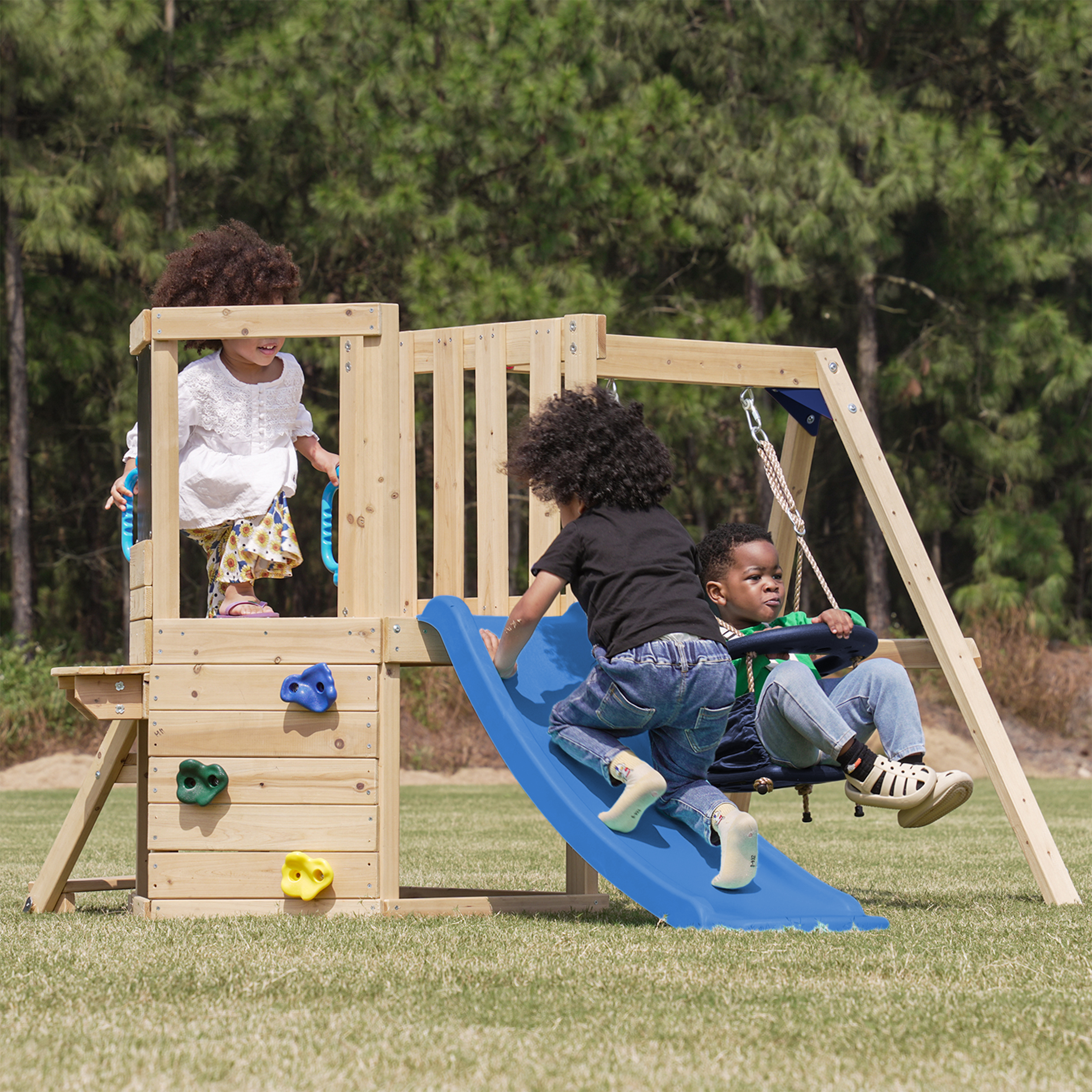 AXI Timo Mini Climbing Frame with Baby Swing. Climbing Wall and Chalkboard – Blue Slide