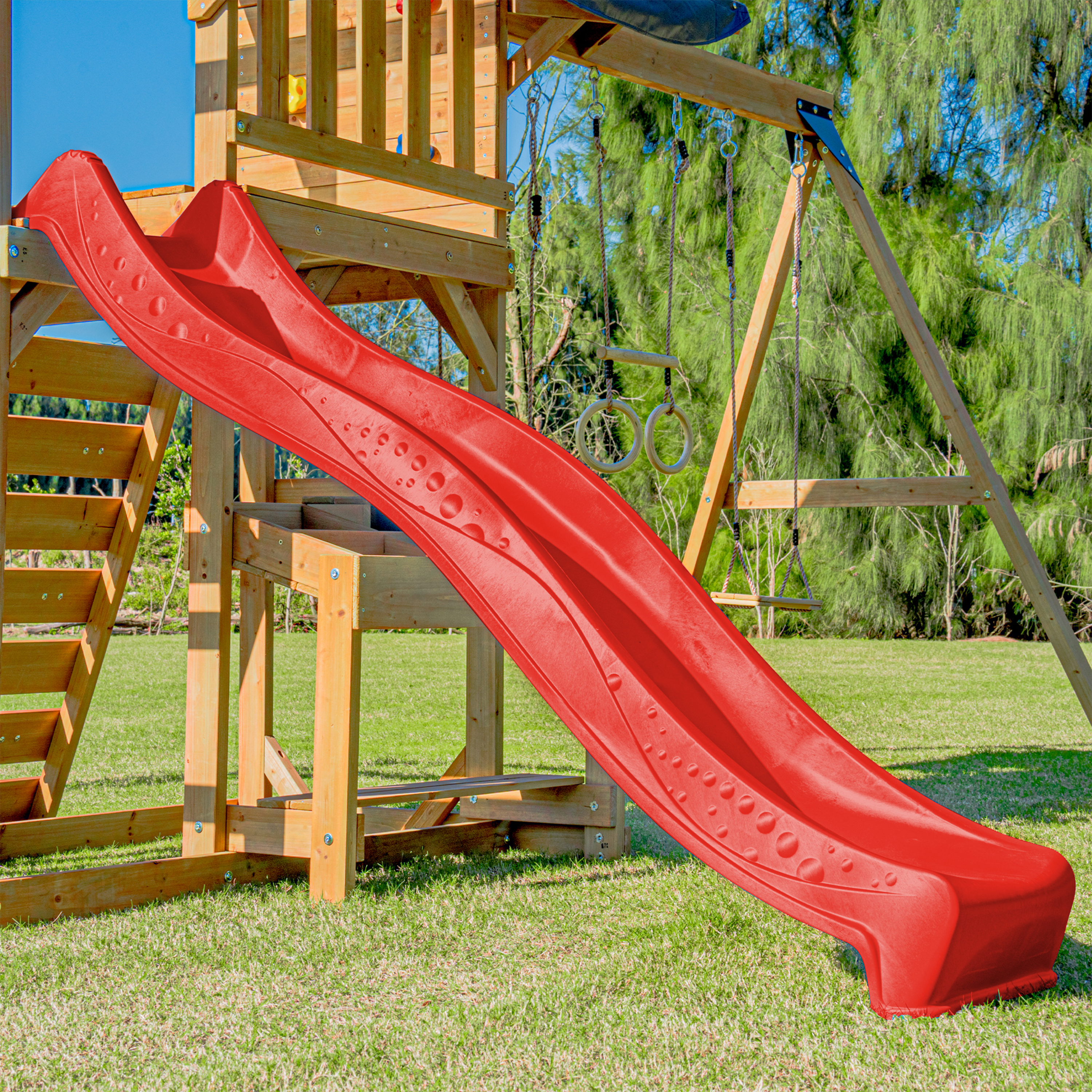 AXI Mitch Climbing Frame with Double Swing, Trapeze and Lookout Tower – Red Slide