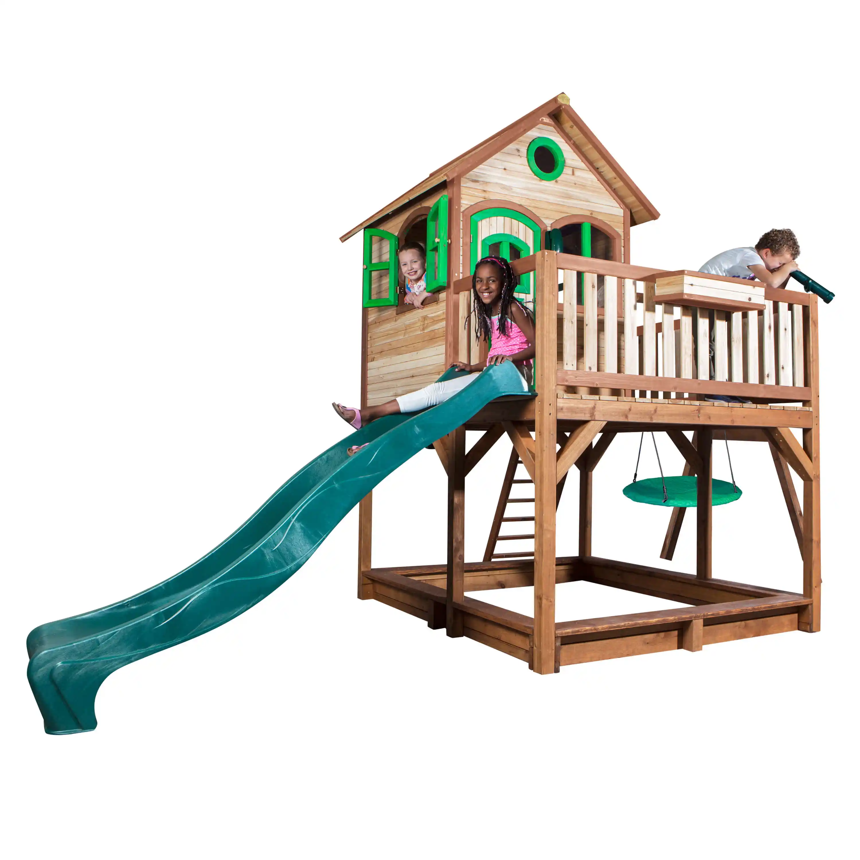 AXI Liam Playhouse with Summer Nest Swing Set Brown/Green - Green Slide