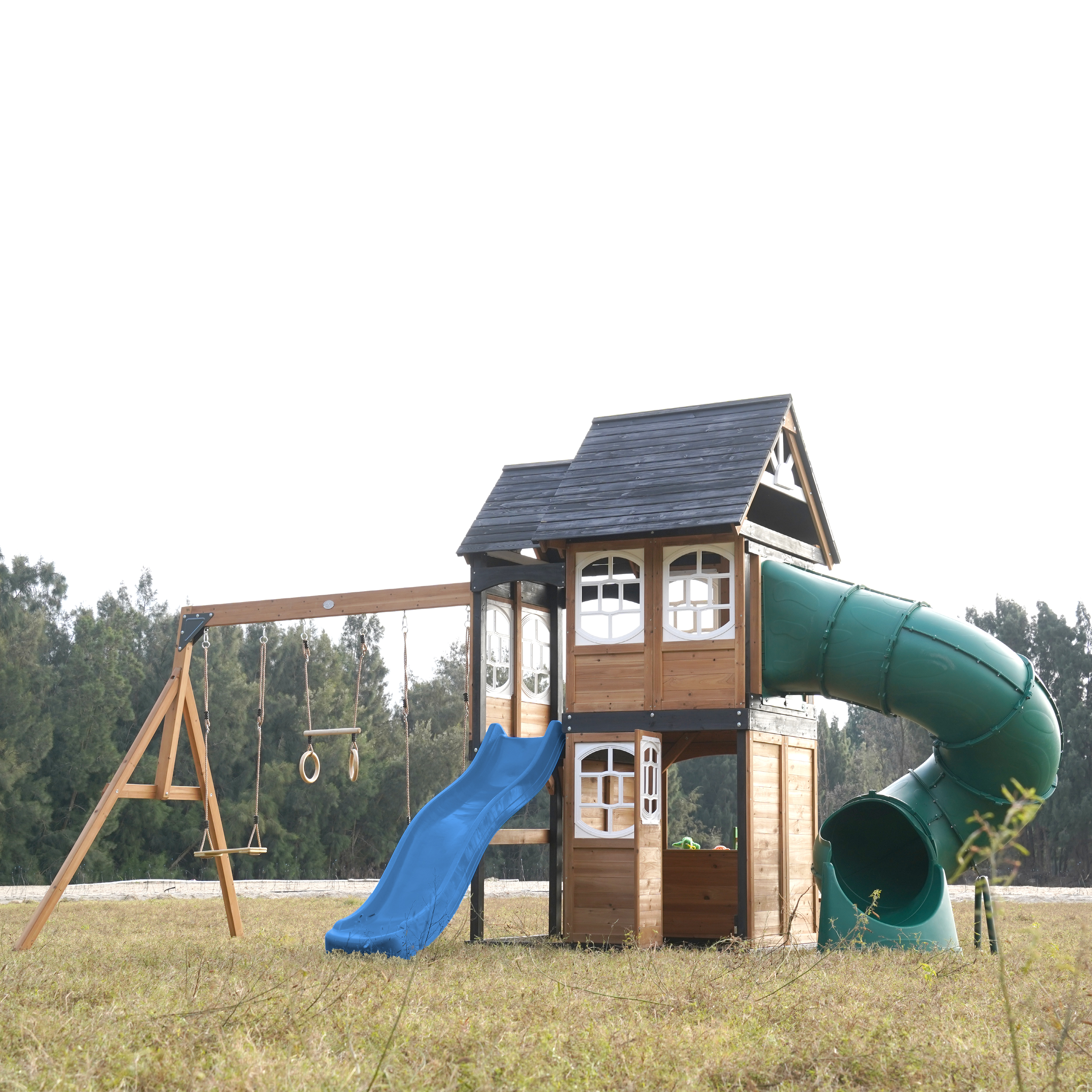 AXI Noud Climbing Frame with Playhouse, Swings, Trapeze and Climbing Wall – Blue Slide and Tube Slide