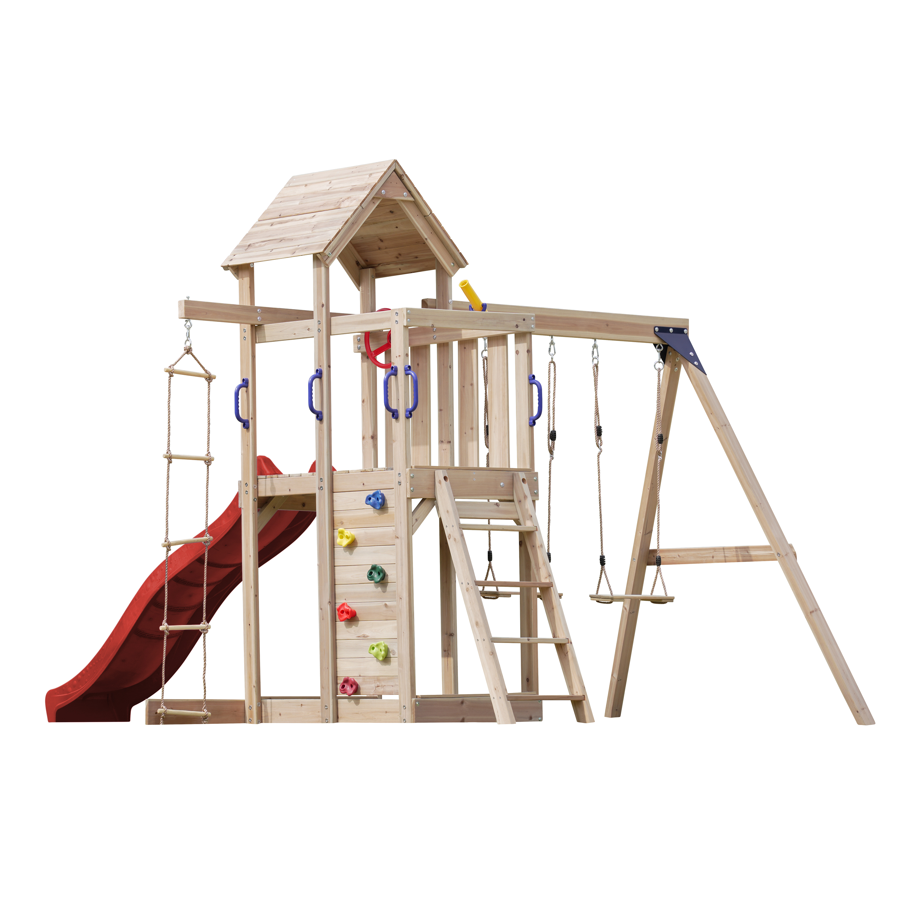 AXI Moos Speeltoestel met Dubbele Schommel en Touwladder Bruin – Rode Glijbaan -8720365064500 AXI Moos Speeltoestel met Dubbele Schommel en Touwladder Bruin – Rode Glijbaan