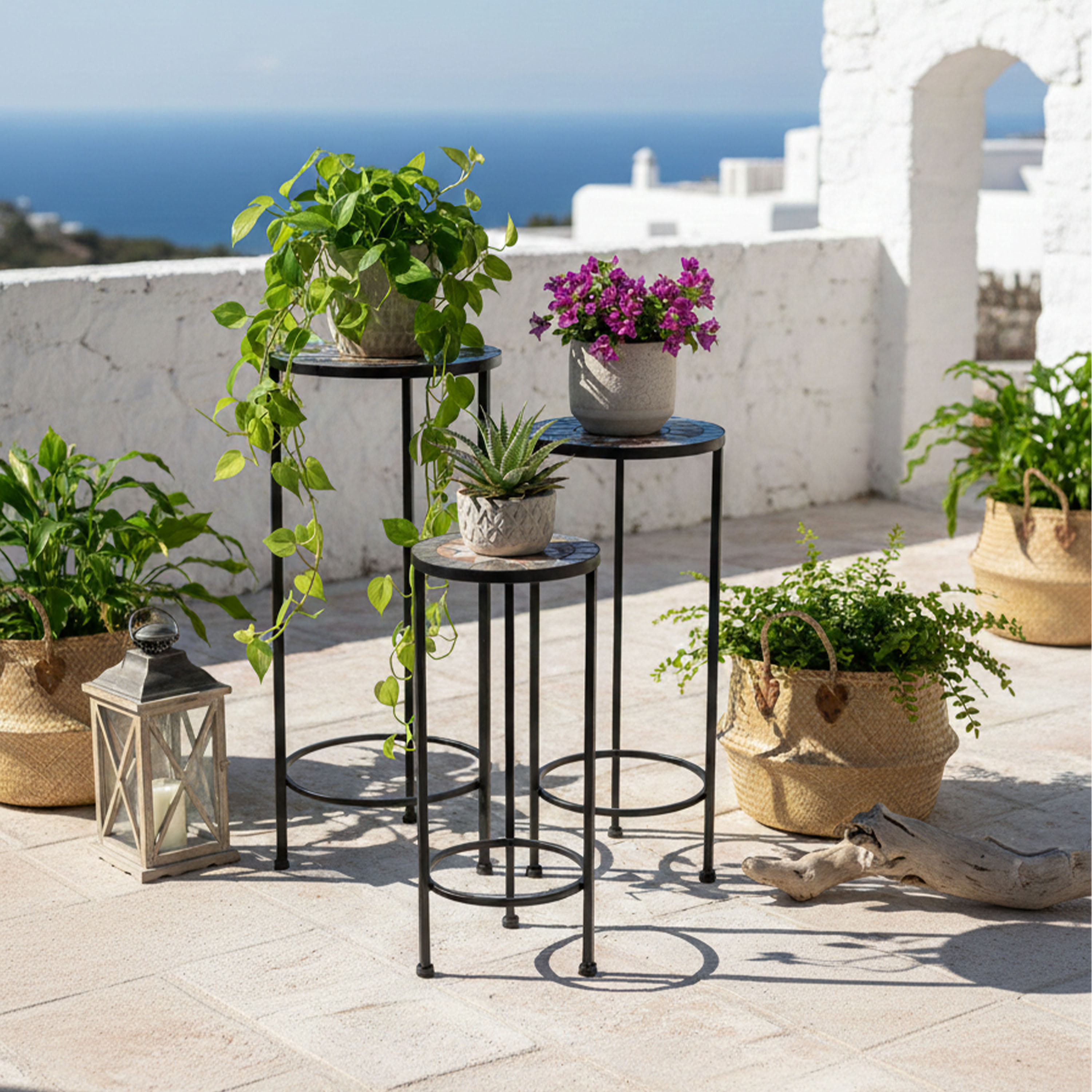 AXI Lola Mosaic Plant Table Round Star – Grey/Brown – Set of 3