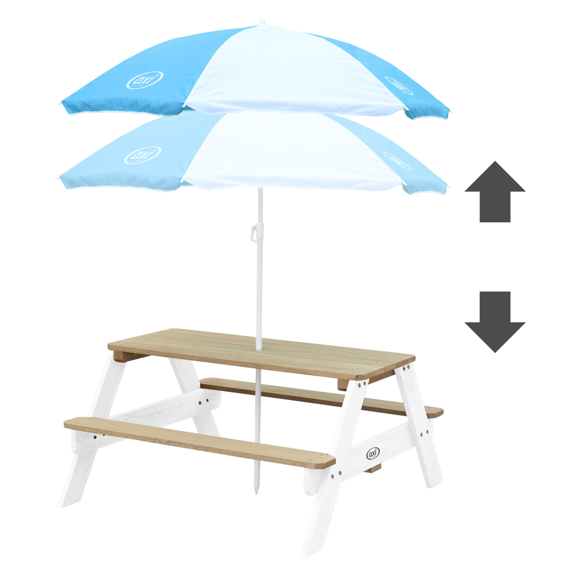 productfoto AXI Nick Picknicktafel Bruin/wit - Parasol Blauw/wit