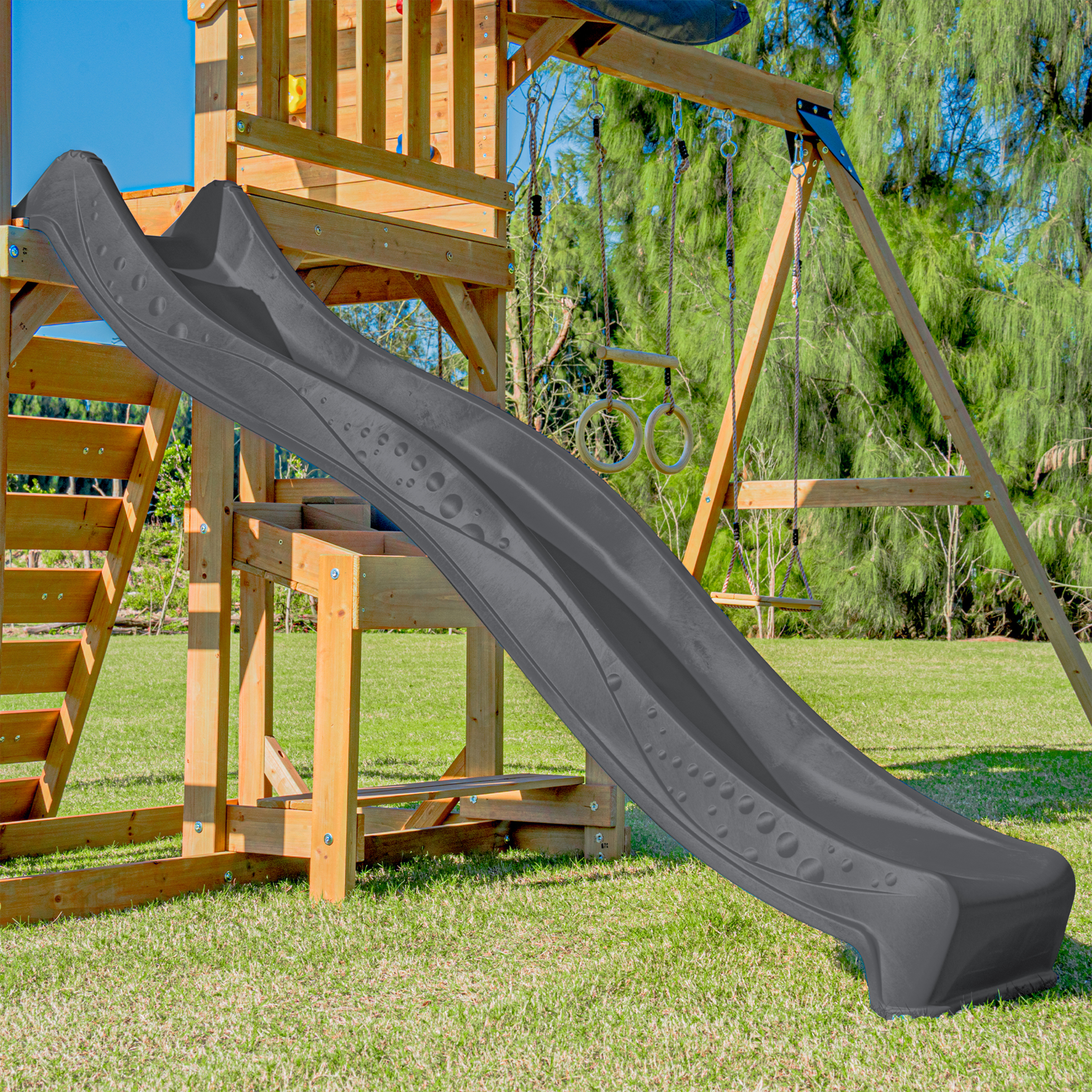 AXI Mitch Climbing Frame with Double Swing, Trapeze and Lookout Tower – Grey Slide