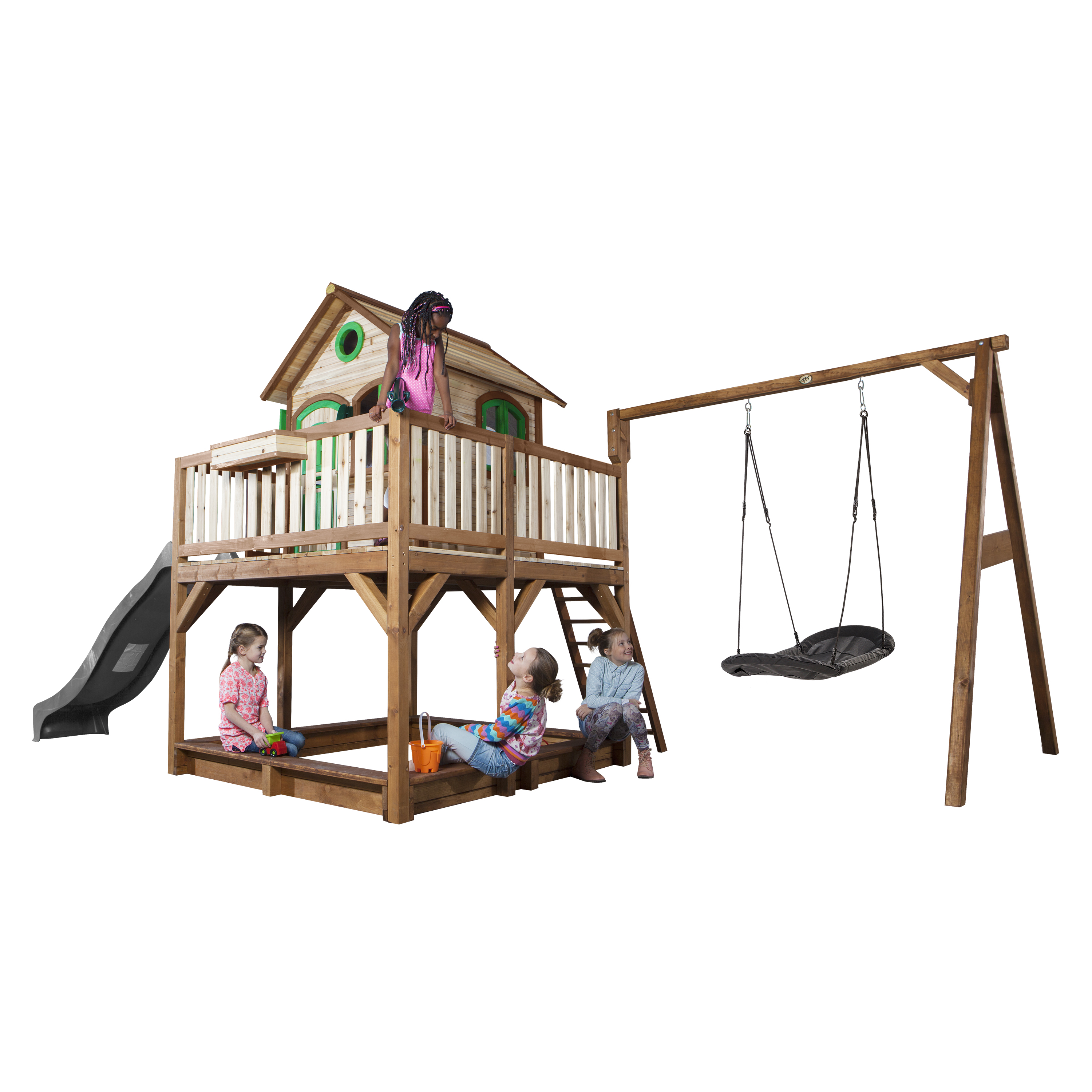 AXI Liam Playhouse with Roxy Nest Swing Set Brown/Green - Grey Slide