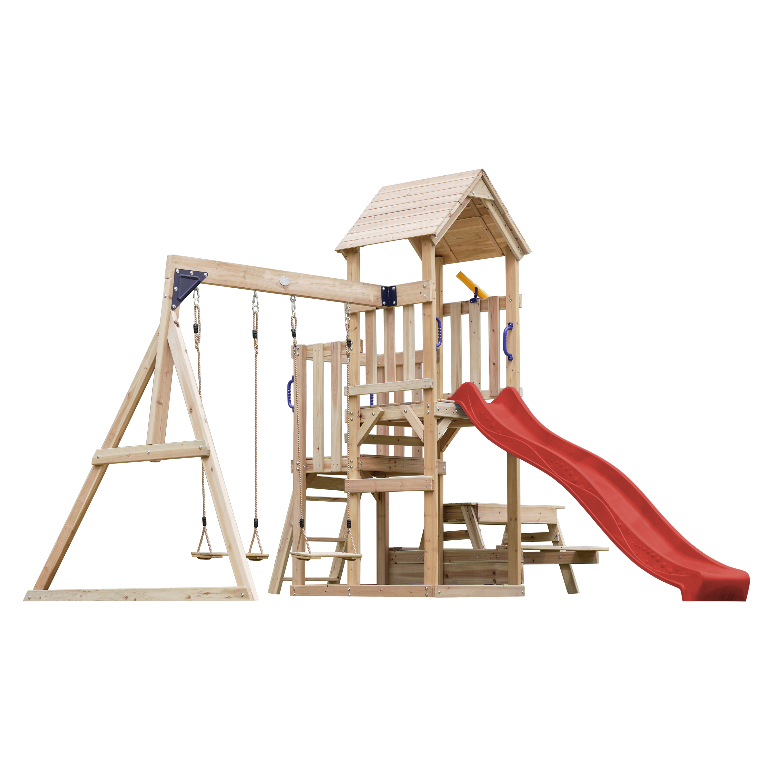 AXI Mette Climbing Frame with Double Swing Set and Picnic Table - Red Slide