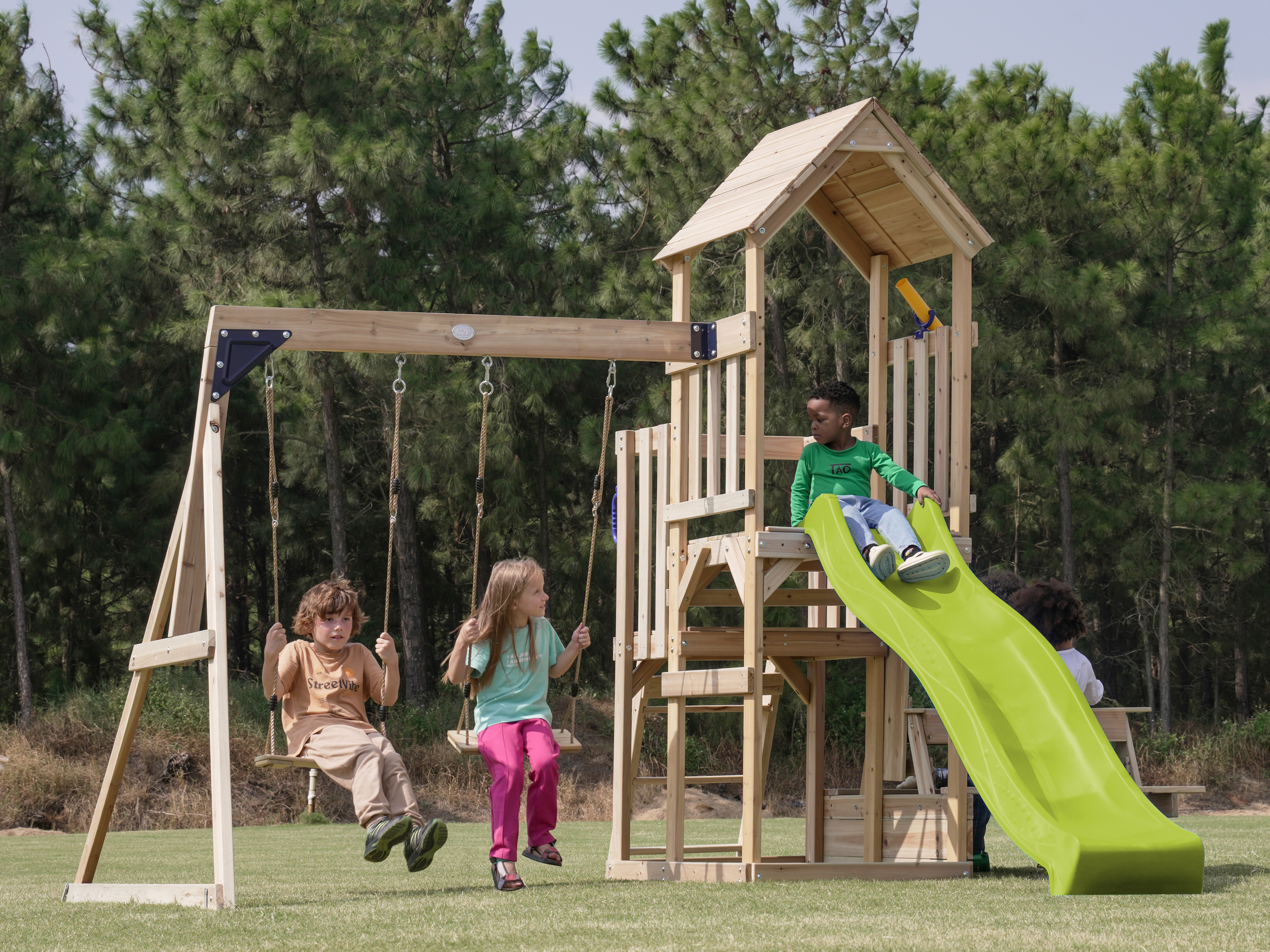 AXI Mette Climbing Frame with Double Swing Set and Picnic Table - Lime Green Slide