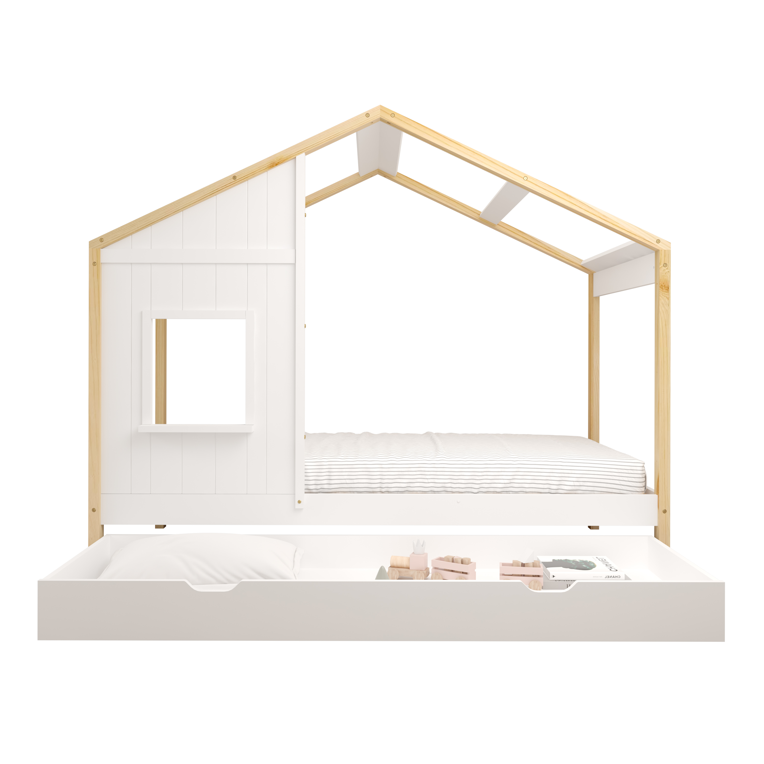 Sunny Beau House Bed with Storage Drawer Brown/White – With Mattress