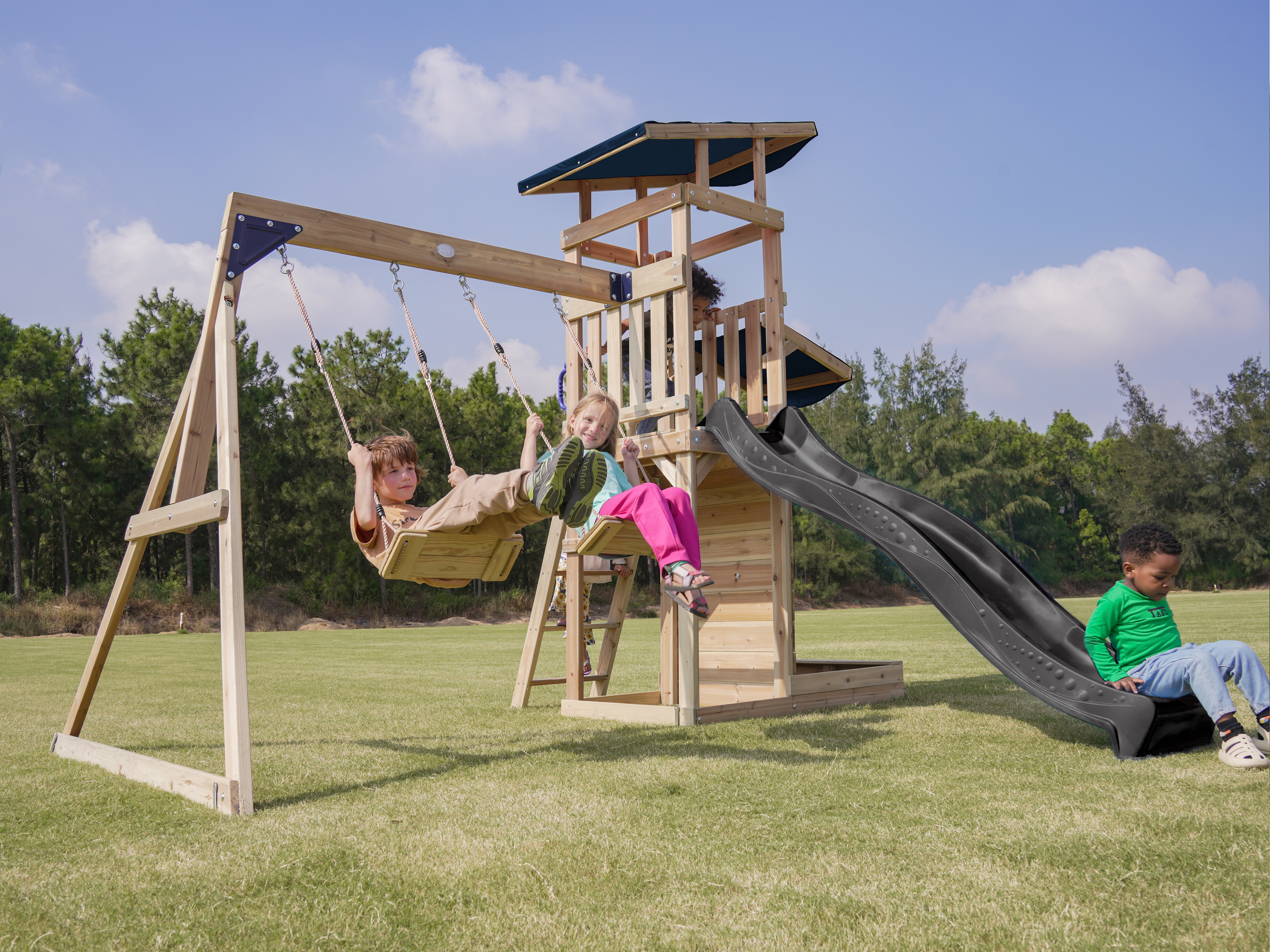 AXI Malik Climbing Frame with Double Swing Set - Grey Slide-8720365064401 AXI Malik Climbing Frame with Double Swing Set - Grey Slide