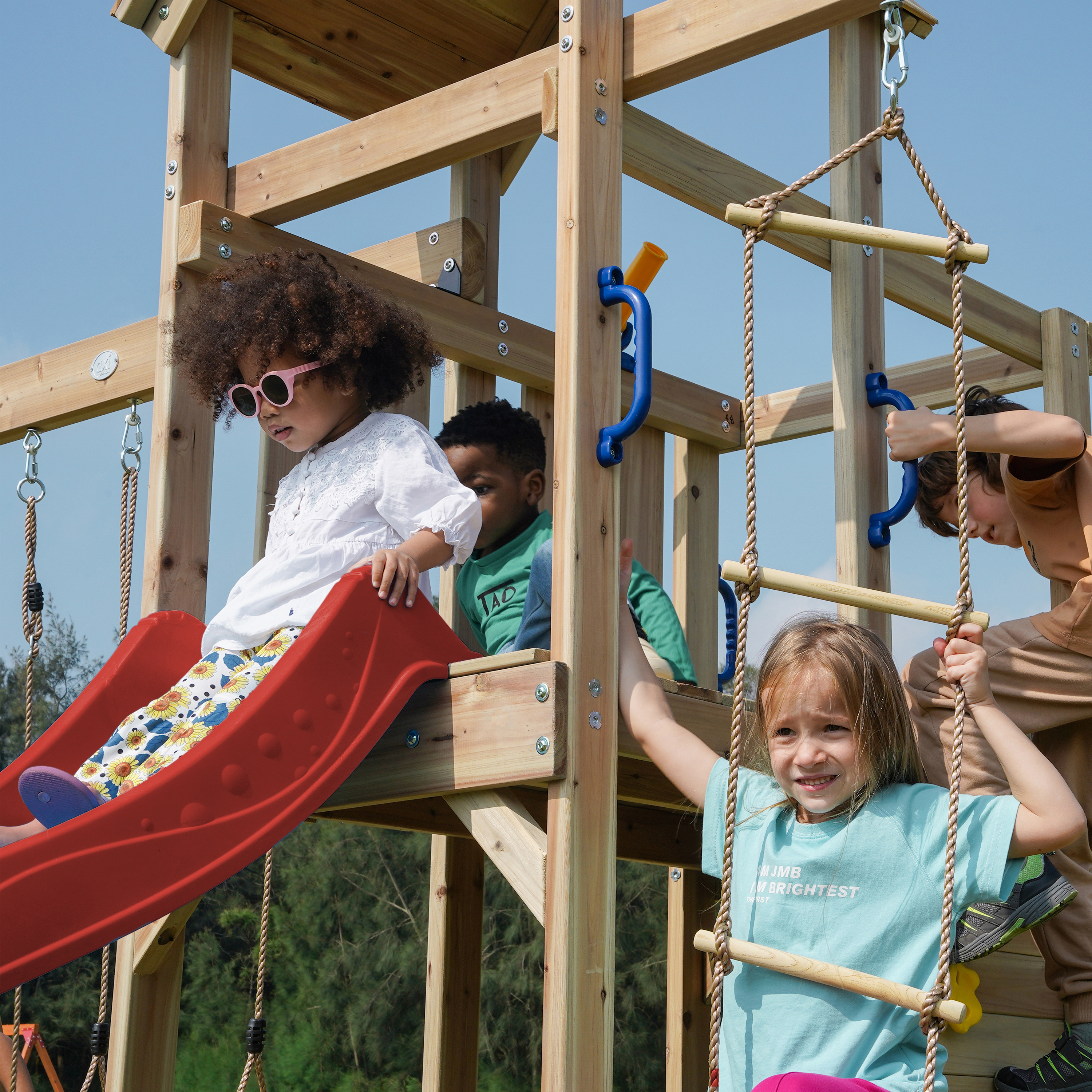 AXI Moos Climbing Frame with Double Swing Set - Red Slide