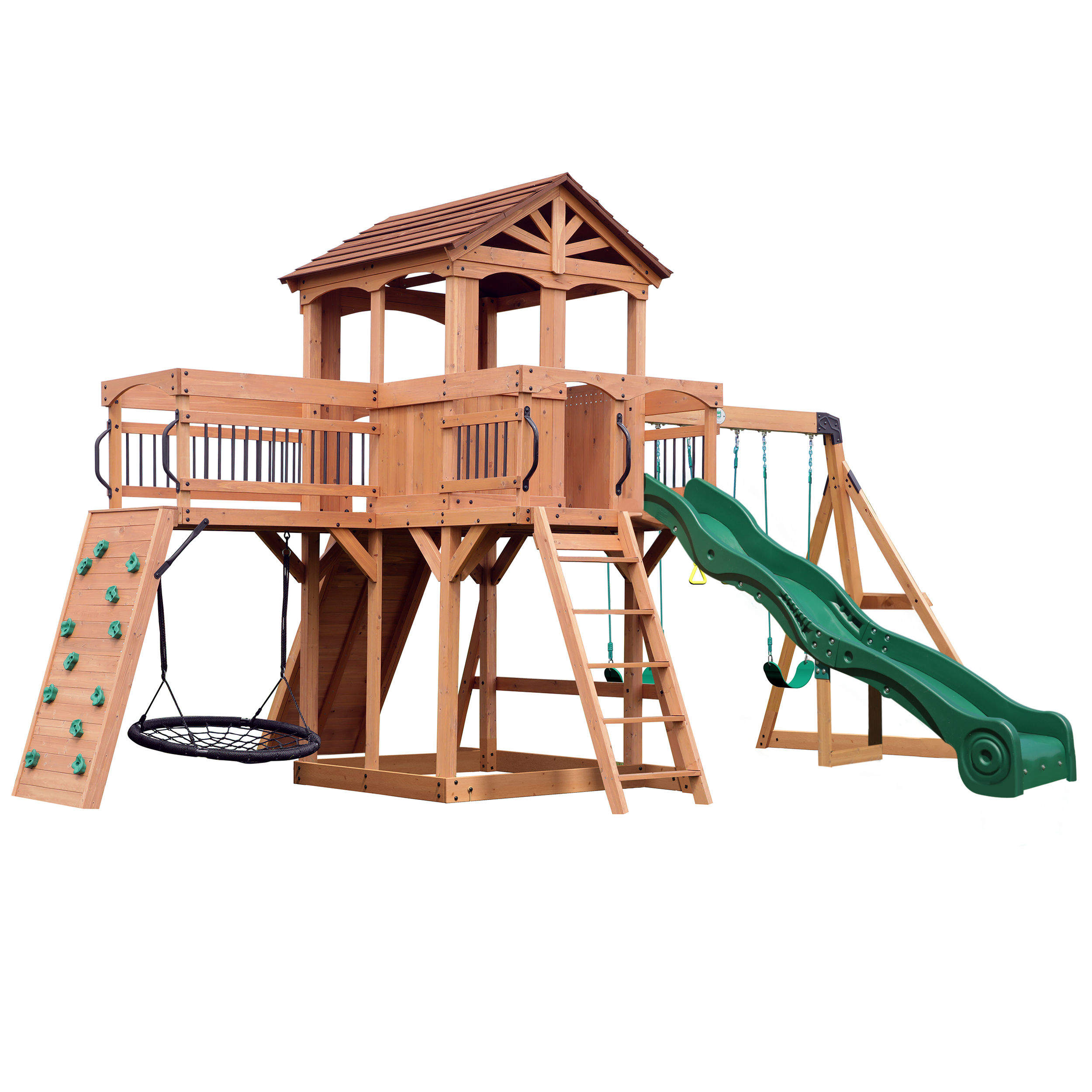 Backyard Discovery Sterling Point Play Set with 3 Swings and Slide - Climbing Wall & Rock Wall - Trapeze - Sandbox - Walkway