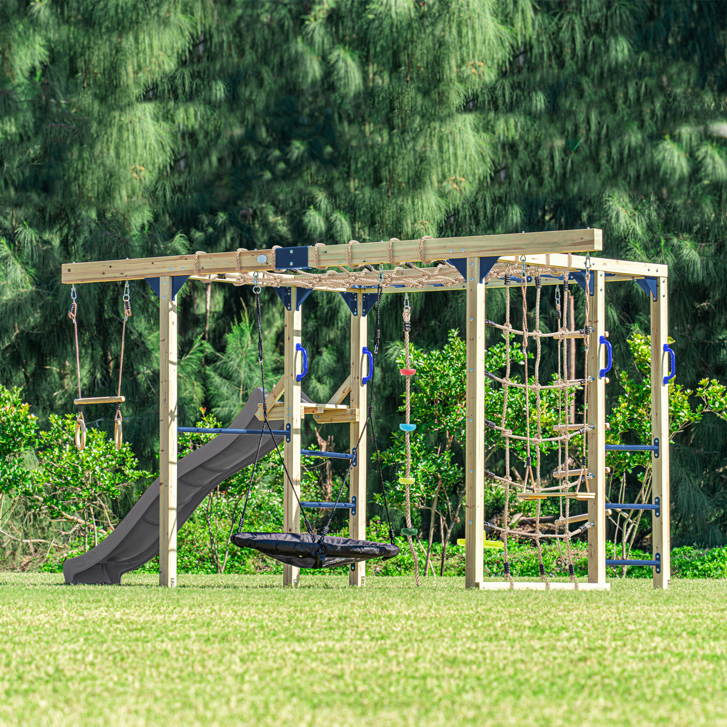 AXI Boris Wooden Playcentre with Swings. Trapeze. Climbing Nets and Monkey Bars – Grey Slide
