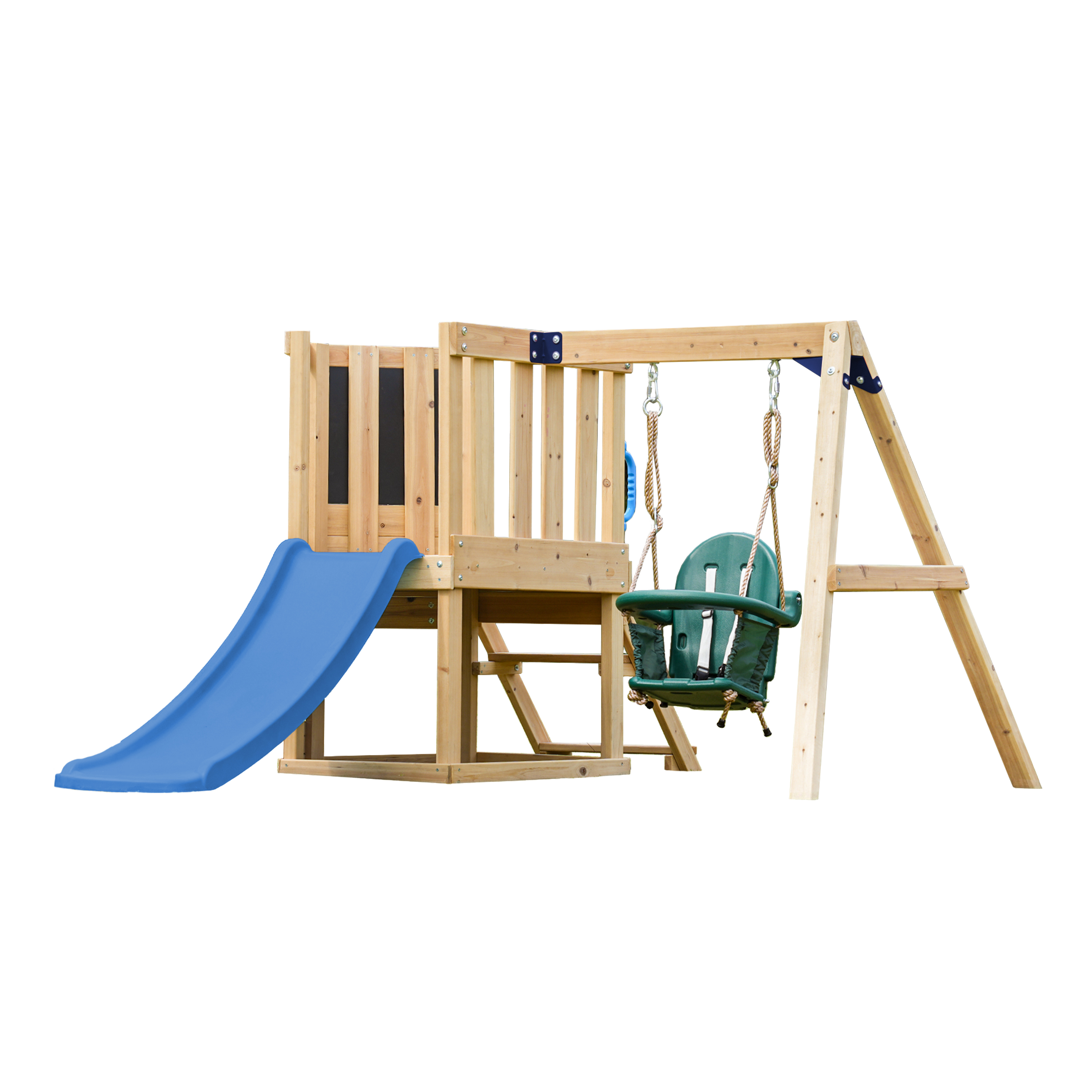 AXI Timo Mini Climbing Frame with Baby Swing, Climbing Wall and Chalkboard – Blue Slide