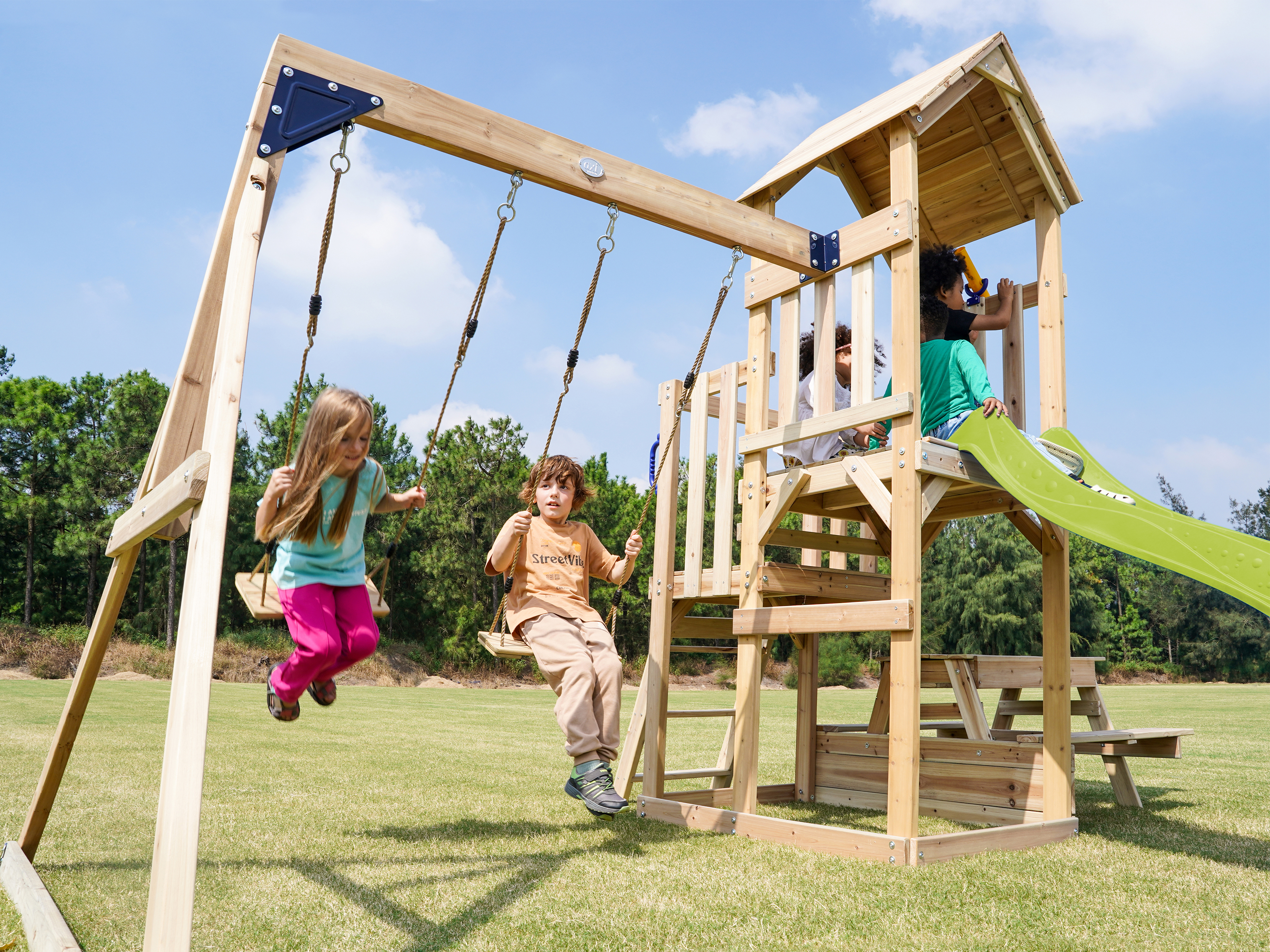 AXI Mette Climbing Frame with Double Swing Set and Picnic Table - Lime Green Slide