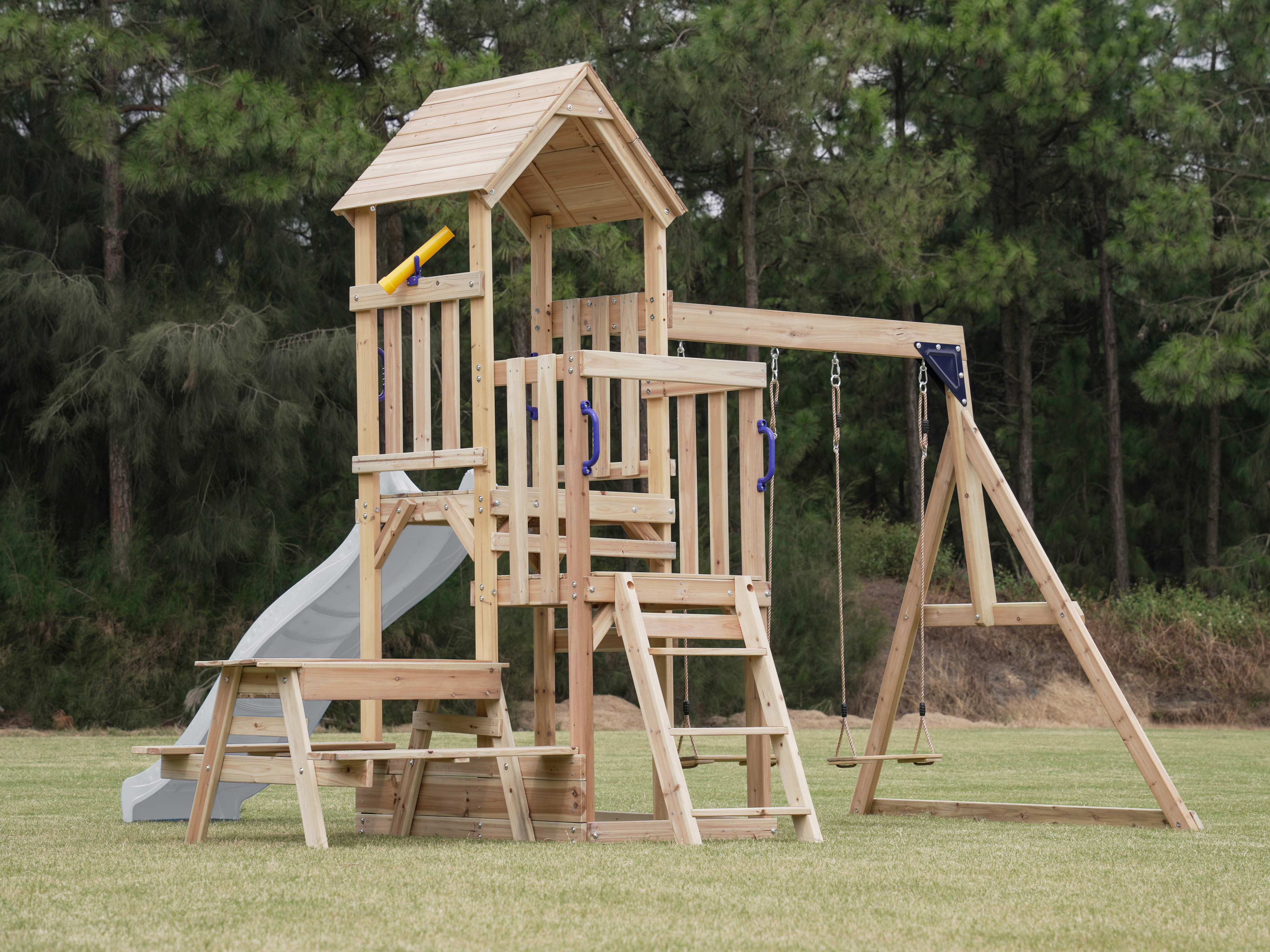 AXI Mette Climbing Frame with Double Swing Set and Picnic Table - White Slide