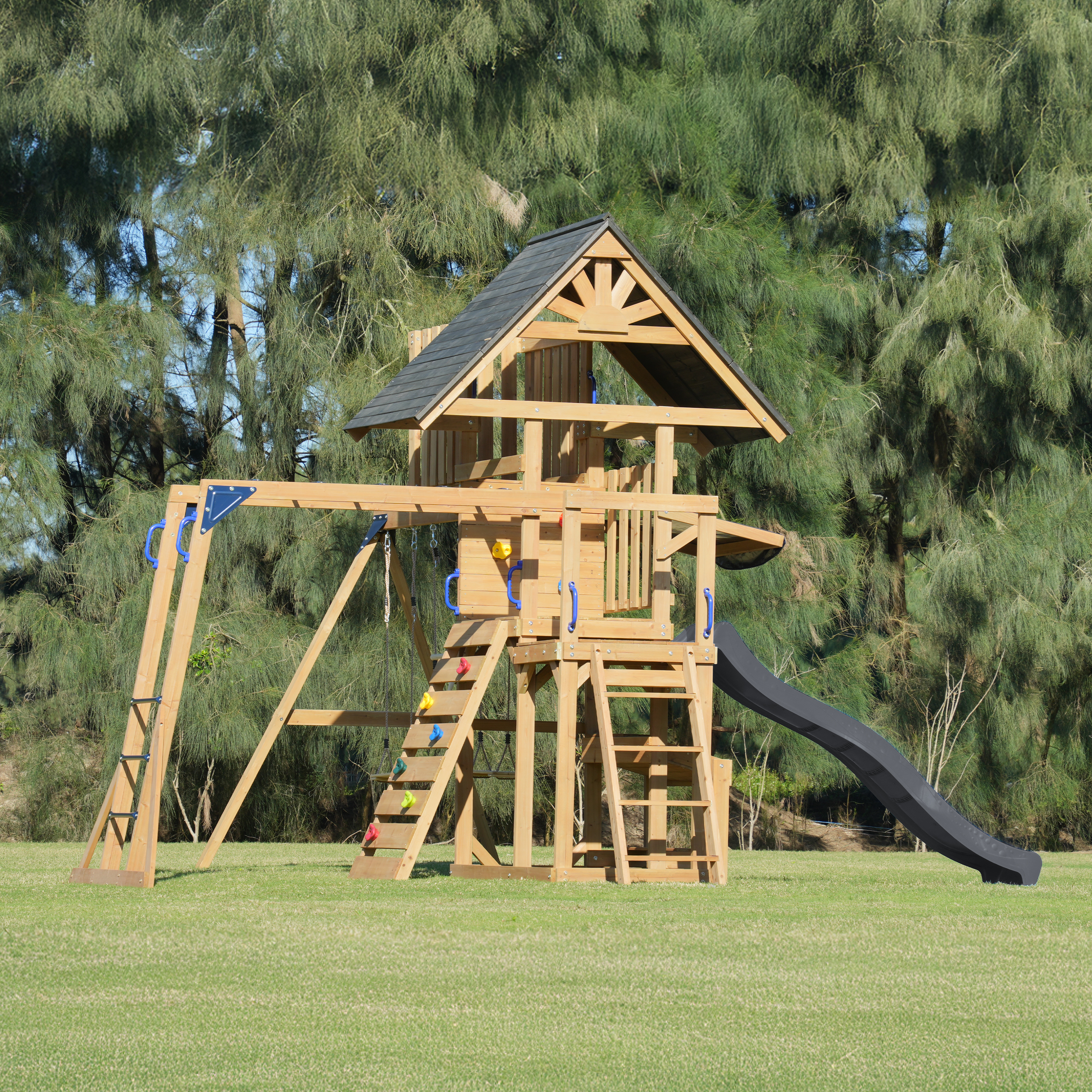 AXI Mitch Climbing Frame with Double Swing, Trapeze and Lookout Tower – Grey Slide