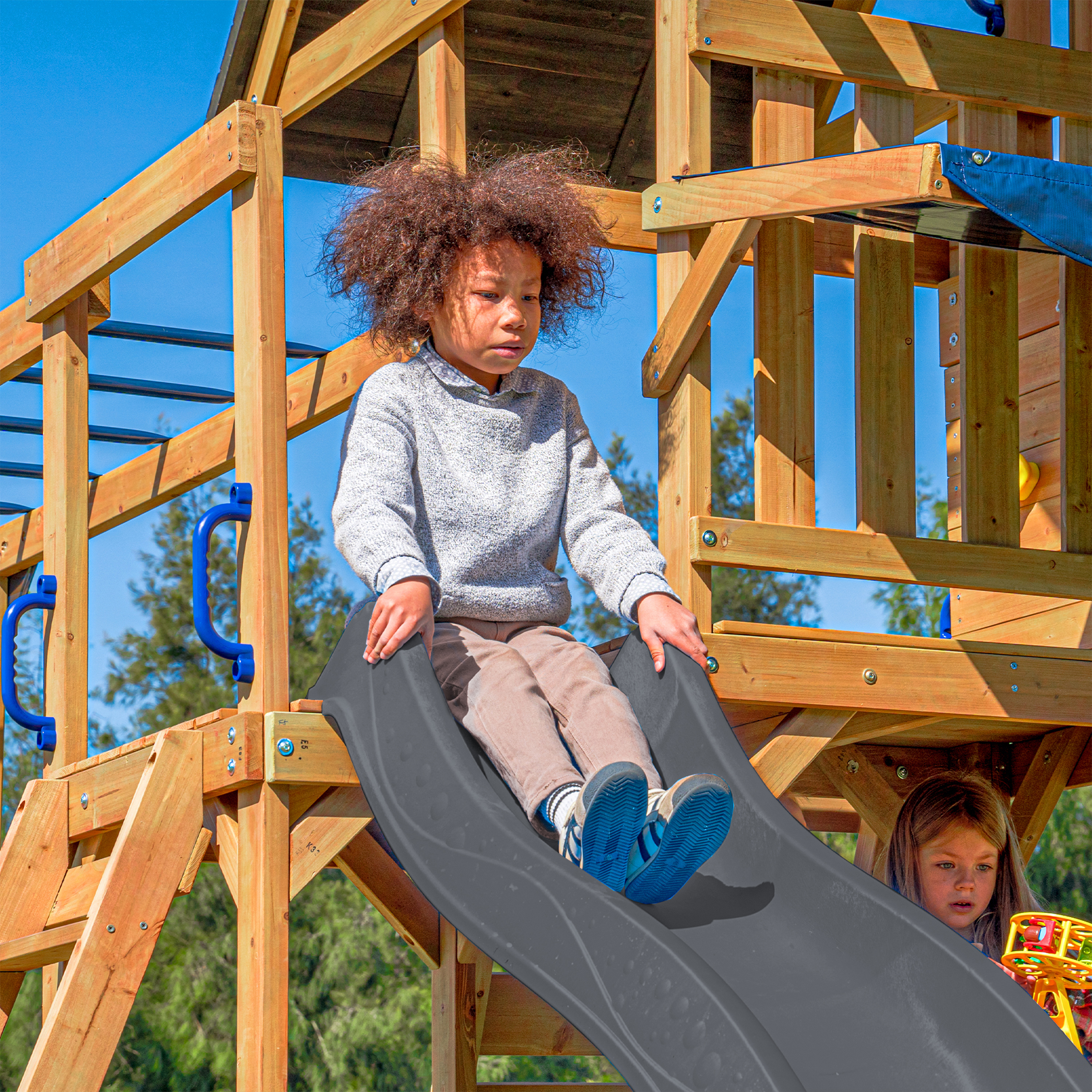 AXI Mitch Climbing Frame with Double Swing, Trapeze and Lookout Tower – Grey Slide