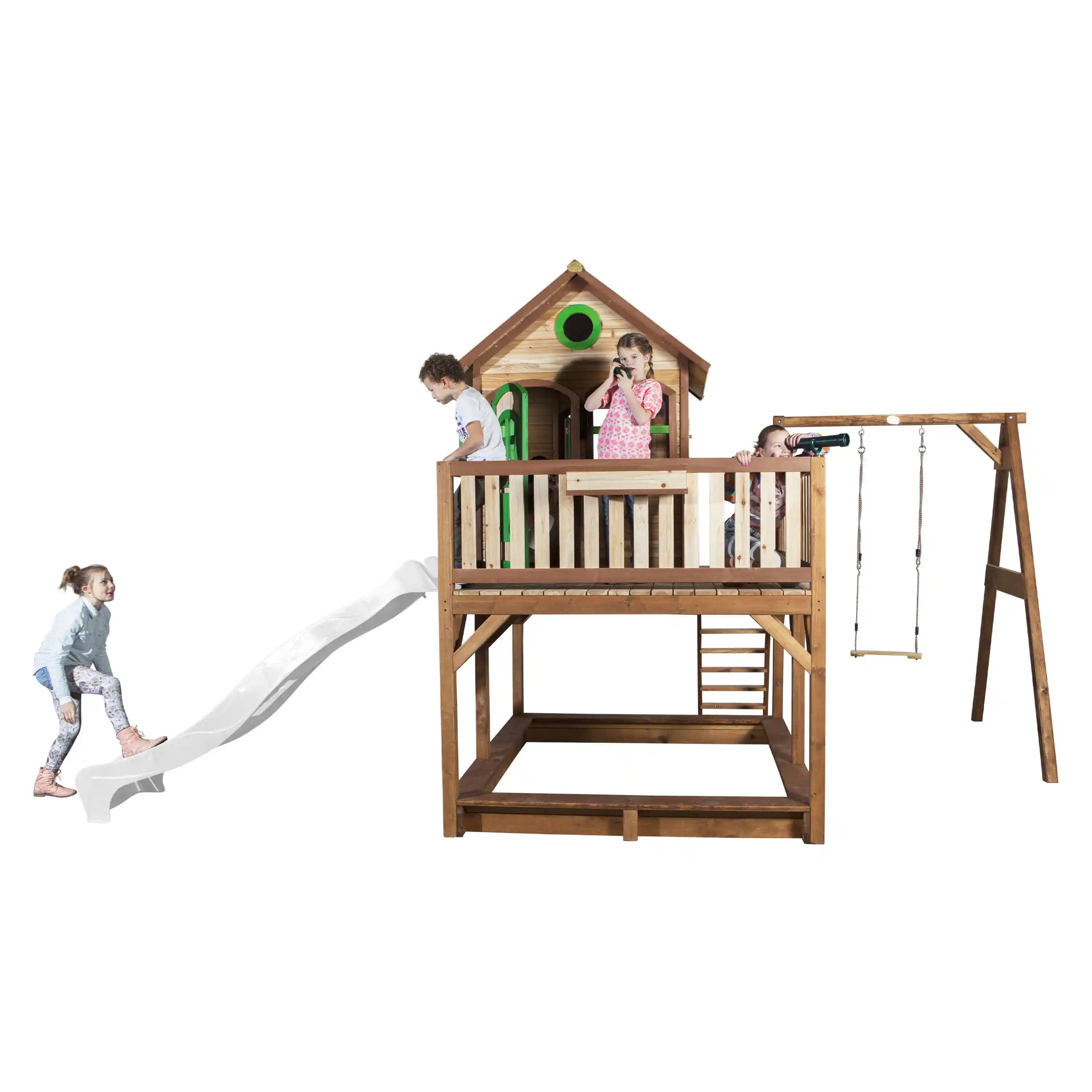 AXI Liam Playhouse with Single Swing Set Brown/Green - White Slide