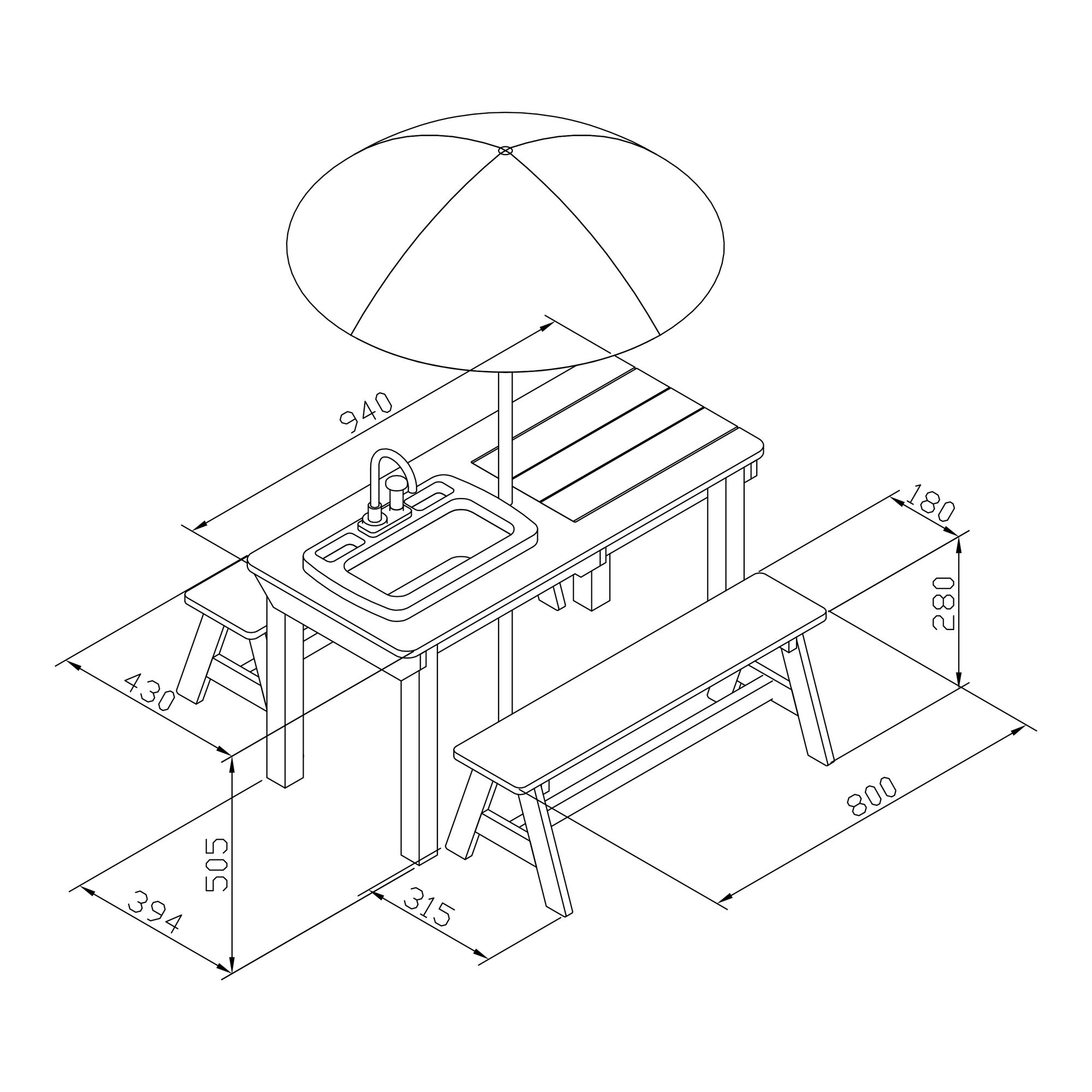 maattekening AXI Dennis Zand & Water Picknicktafel met Speelkeuken wastafel en losse bankjes Antraciet/bruin - Parasol Blauw/wit