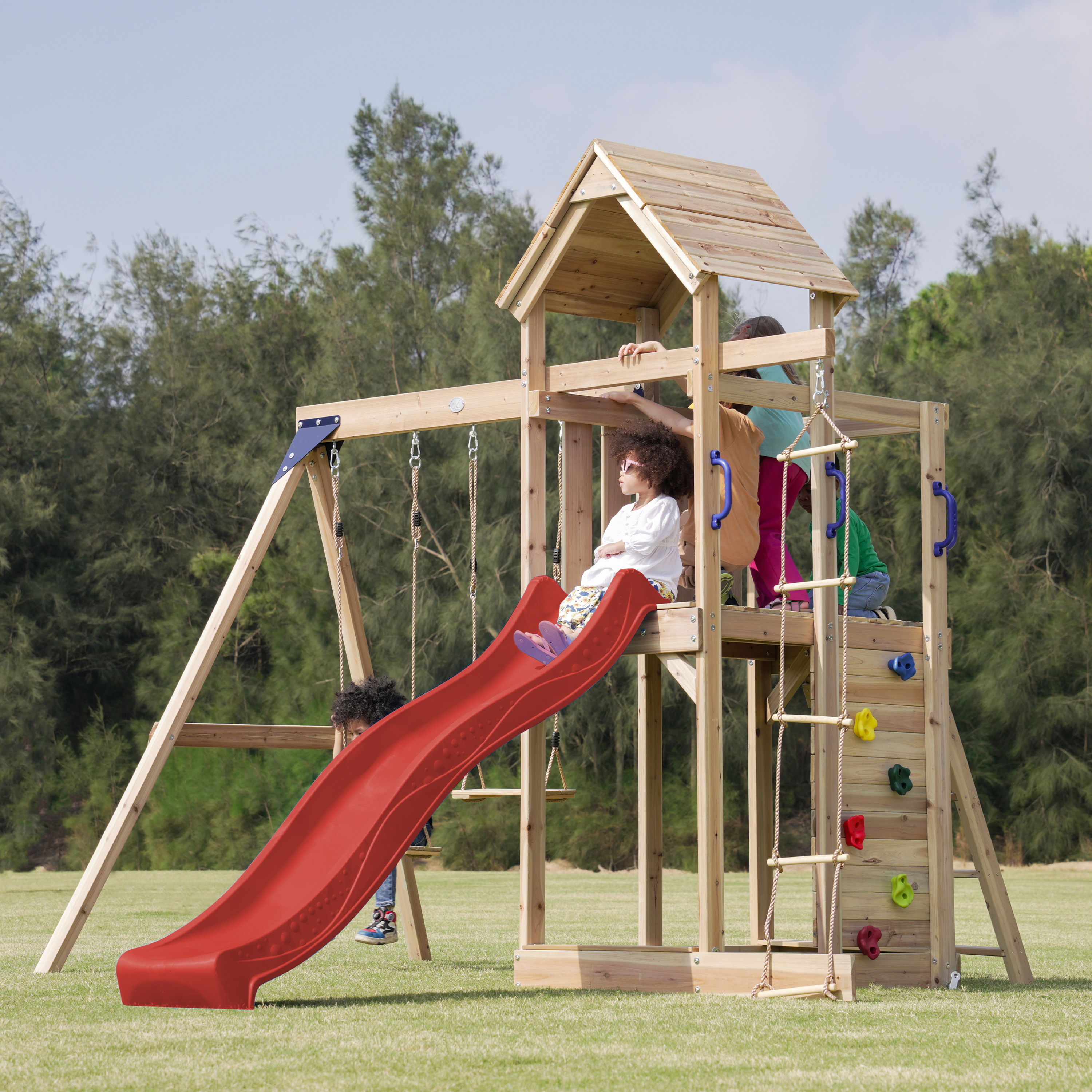 AXI Moos Climbing Frame with Double Swing Set - Red Slide