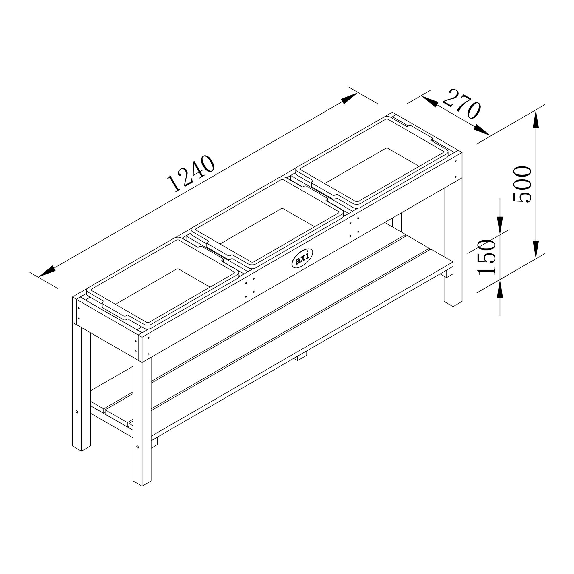 maattekening AXI Activiteiten Tafel met 3 blauwe bakken Naturel Bruin