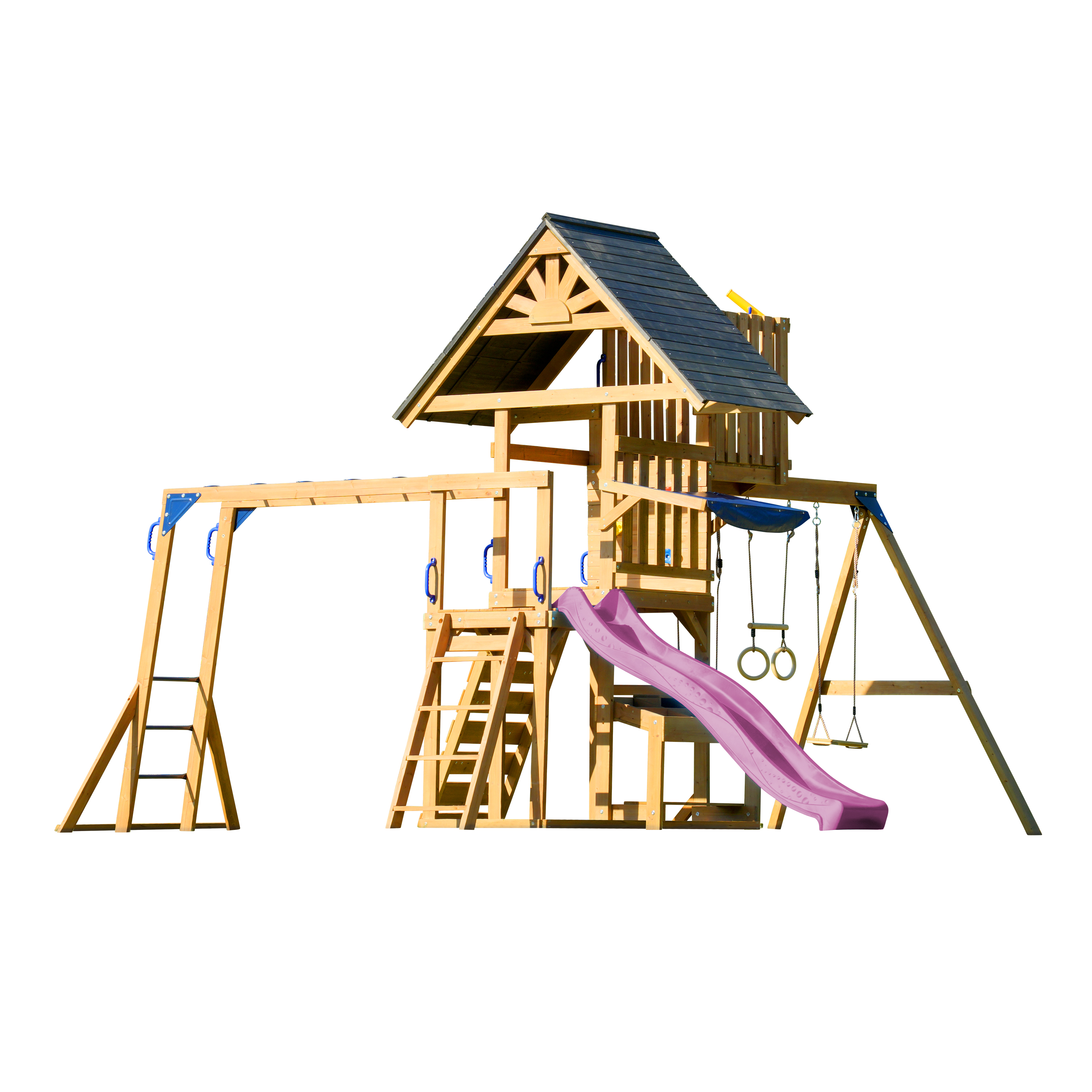 AXI Mitch Climbing Frame with Double Swing, Trapeze and Lookout Tower – Purple Slide