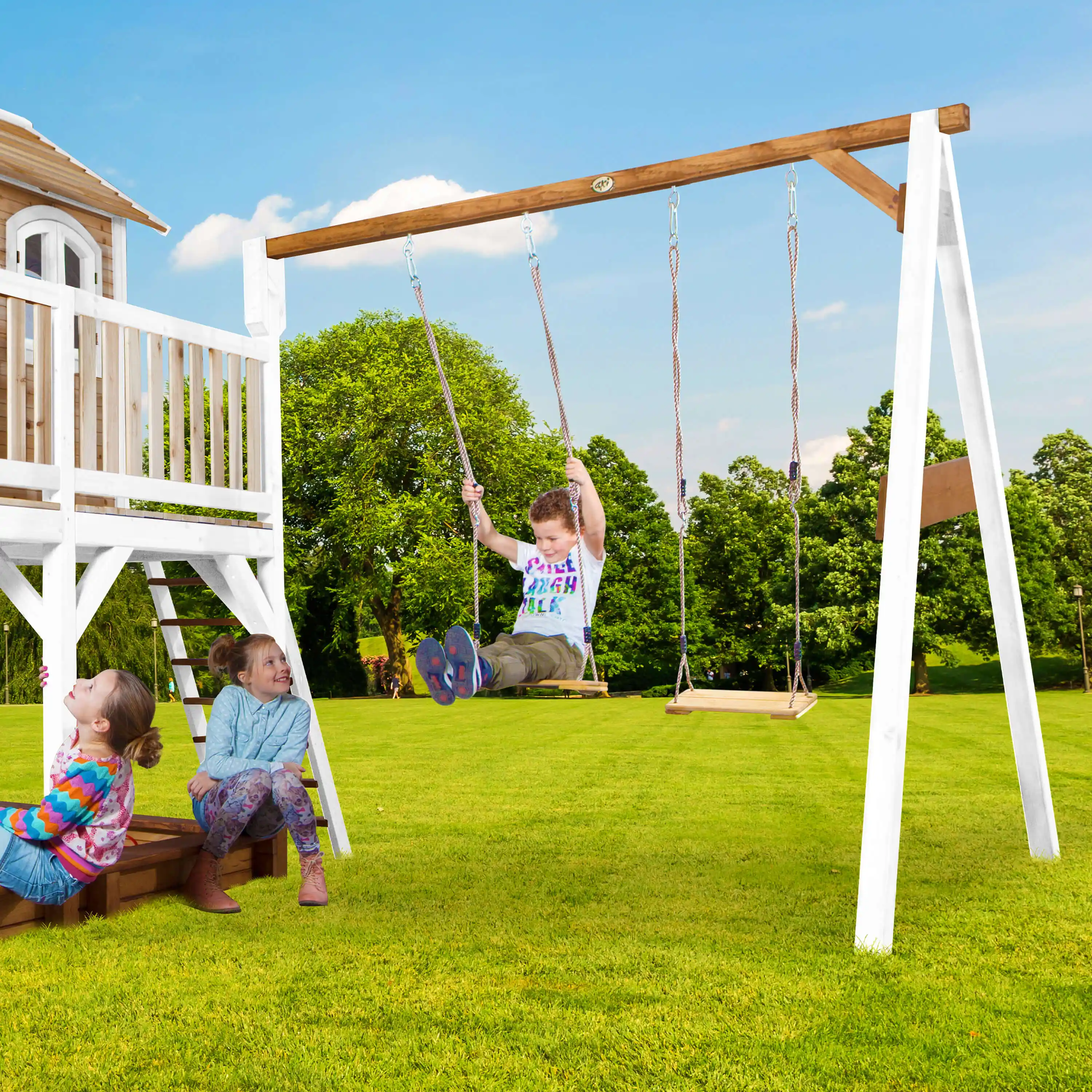 AXI Liam Playhouse with Double Swing Set Brown/White - Lime Green Slide