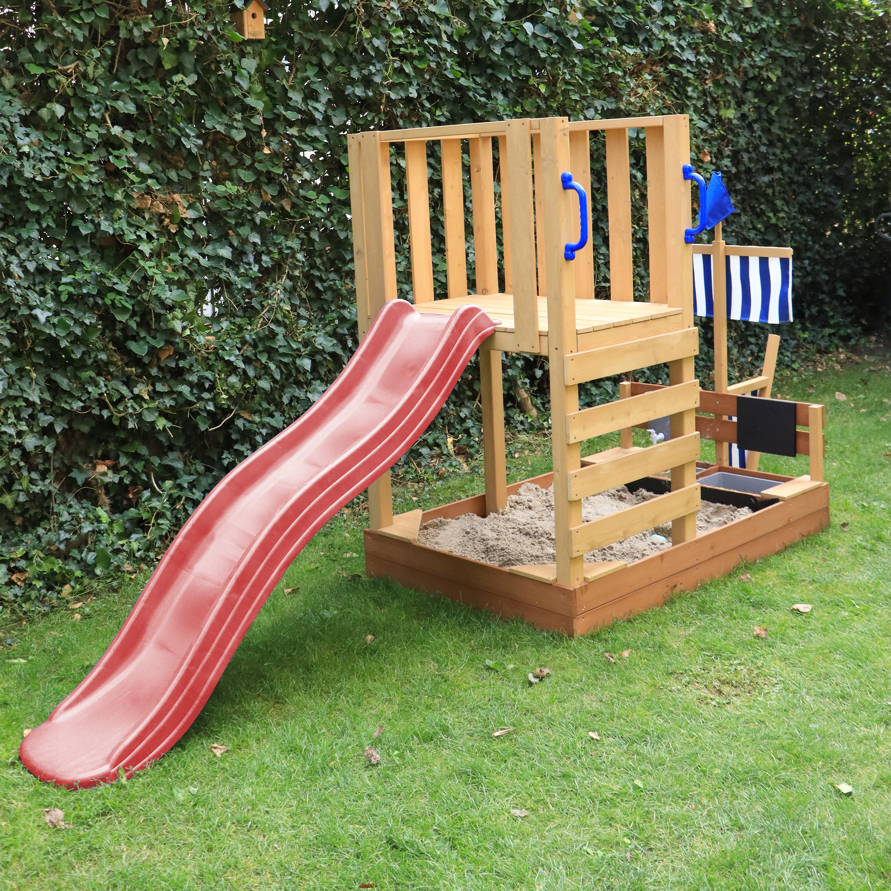 AXI Vicky Climbing Frame with Sandbox, Play Kitchen & Chalkboard – Red Slide