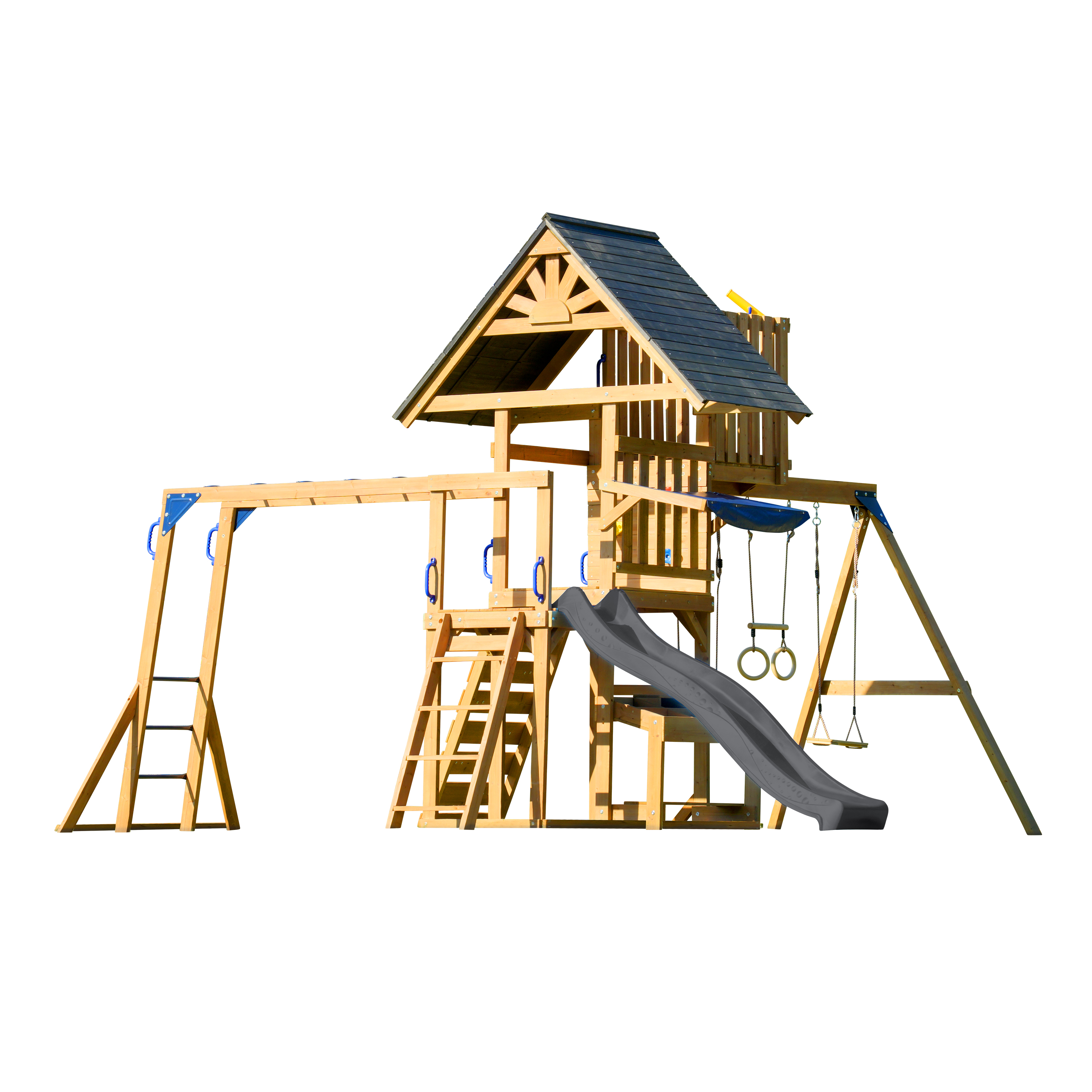 AXI Mitch Climbing Frame with Double Swing, Trapeze and Lookout Tower – Grey Slide