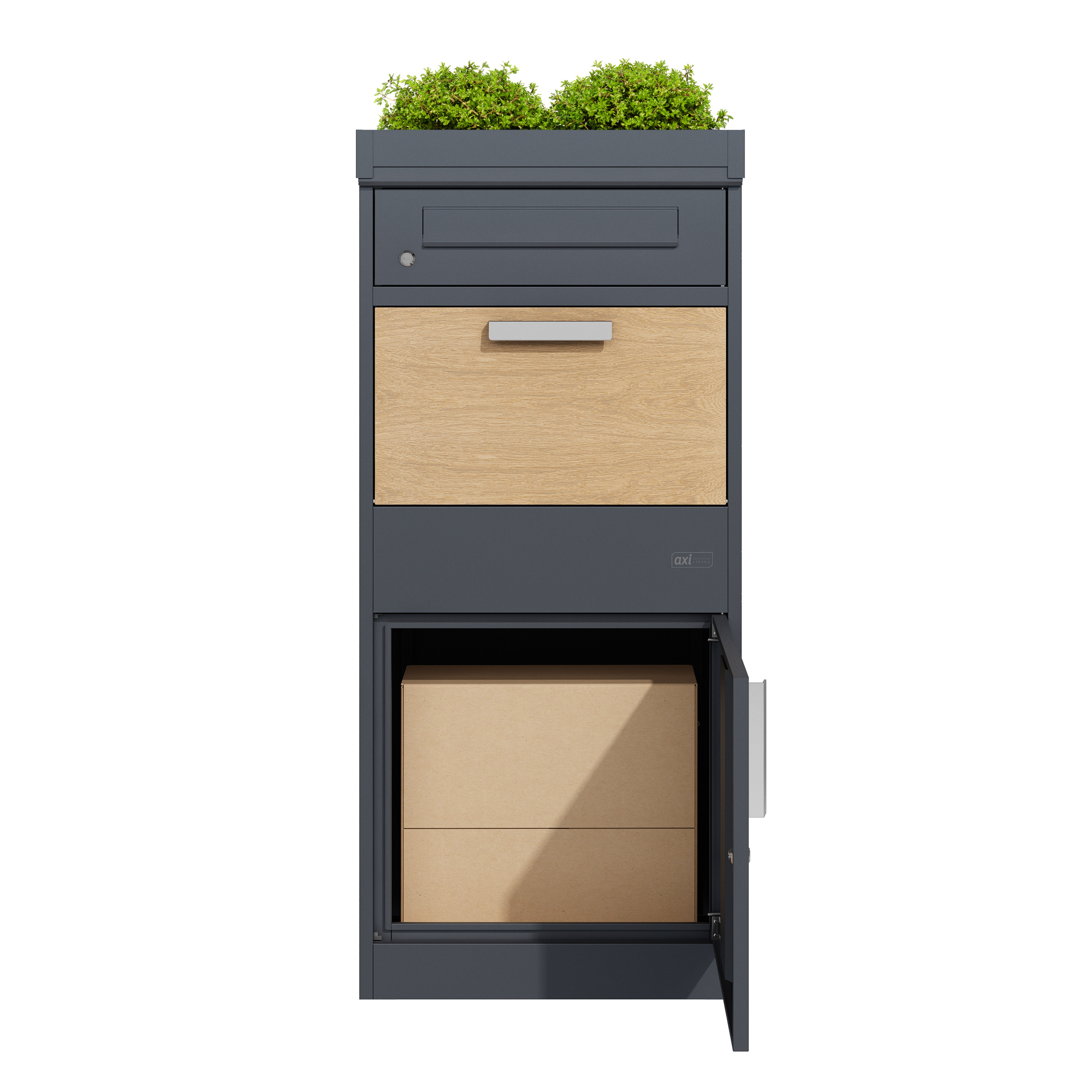 AXI Levi Metal Parcel Mailbox in Anthracite/Wood Look with Planter