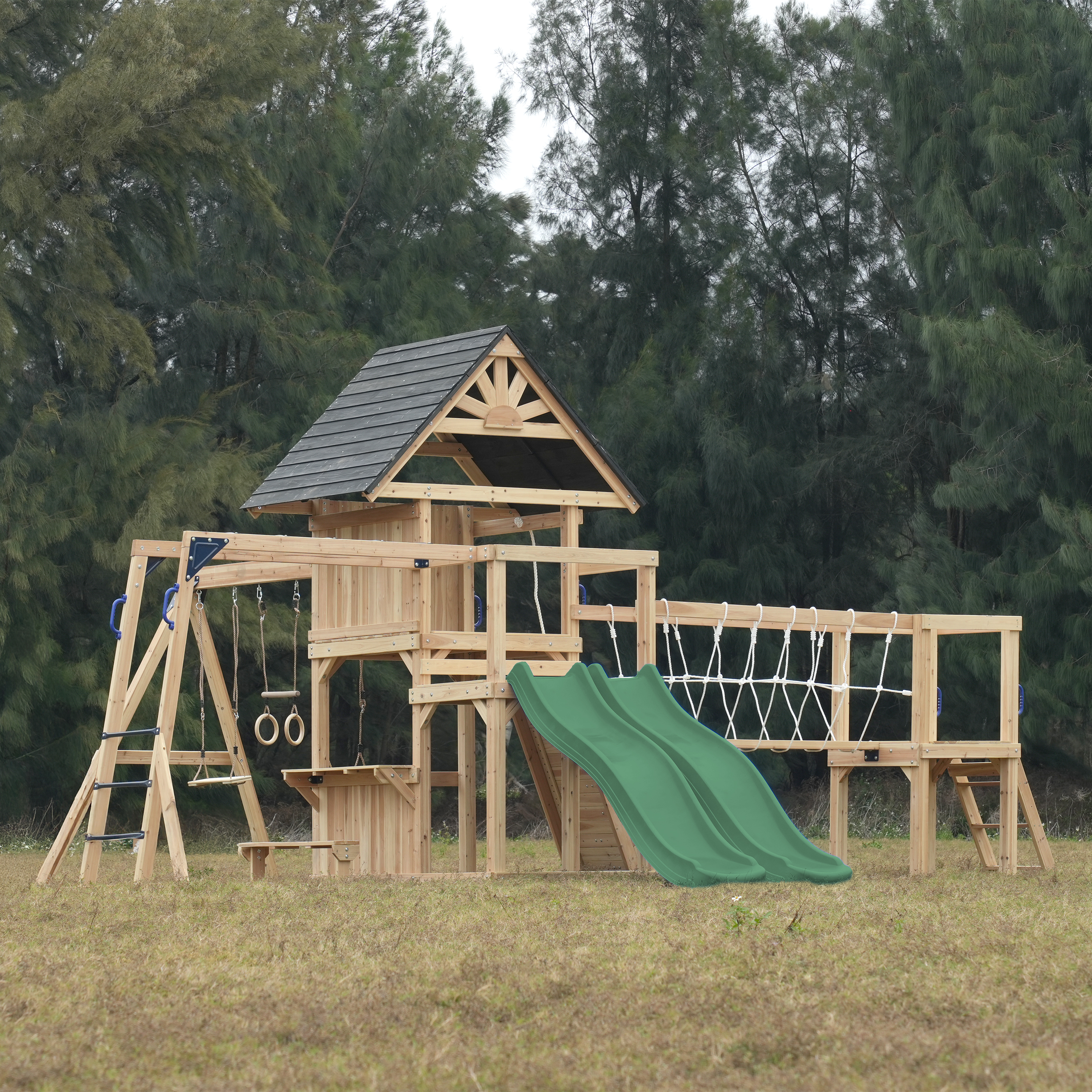 AXI Hunter Climbing Frame with Swings, Climbing Frame, Climbing Bridge and Multiple Platforms – Green Double Slide