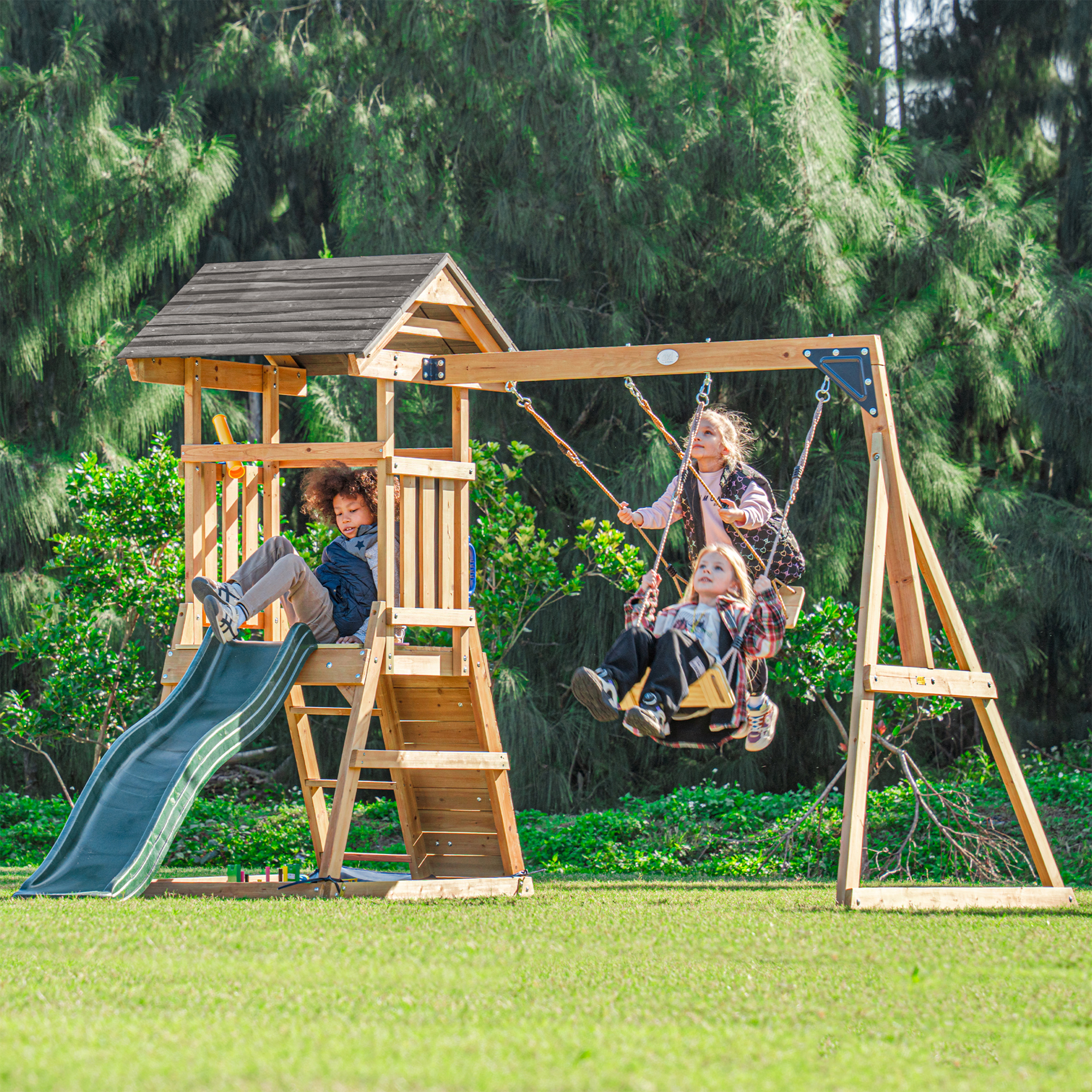 AXI Mia Climbing Frame with Double Swing Set – Green Slide