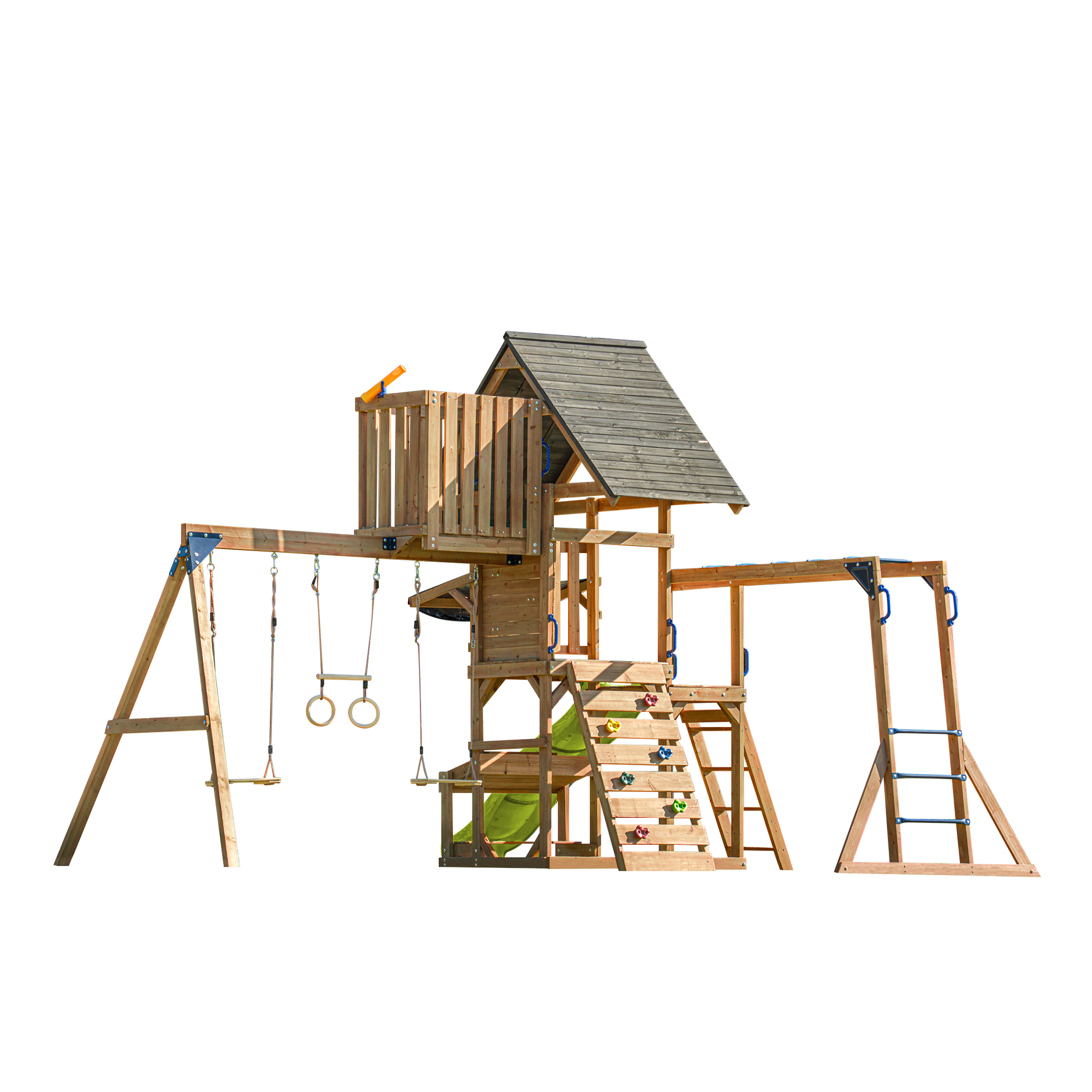 AXI Mitch Climbing Frame with Double Swing, Trapeze and Lookout Tower – Lime Green Slide