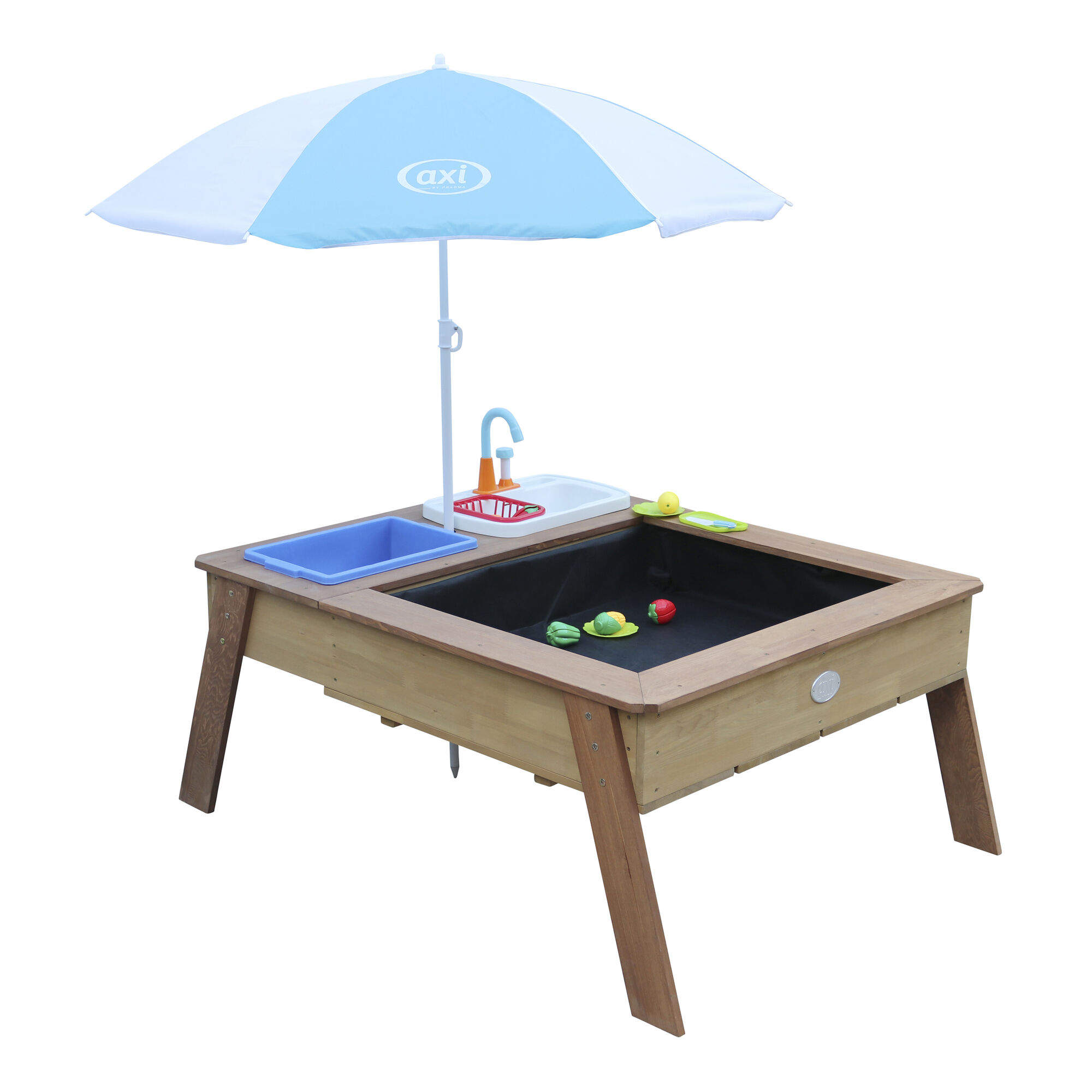 productfoto AXI Linda Zand & Water Tafel met Speelkeuken wastafel Bruin - Parasol Blauw/wit