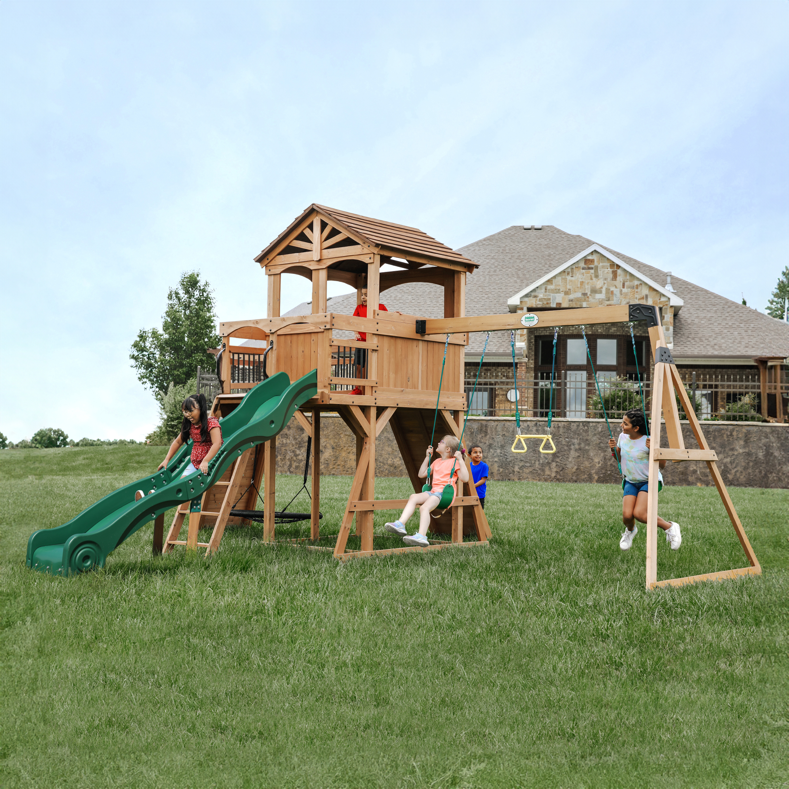 Backyard Discovery Sterling Point Play Set with 3 Swings and Slide - Climbing Wall & Rock Wall - Trapeze - Sandbox - Walkway