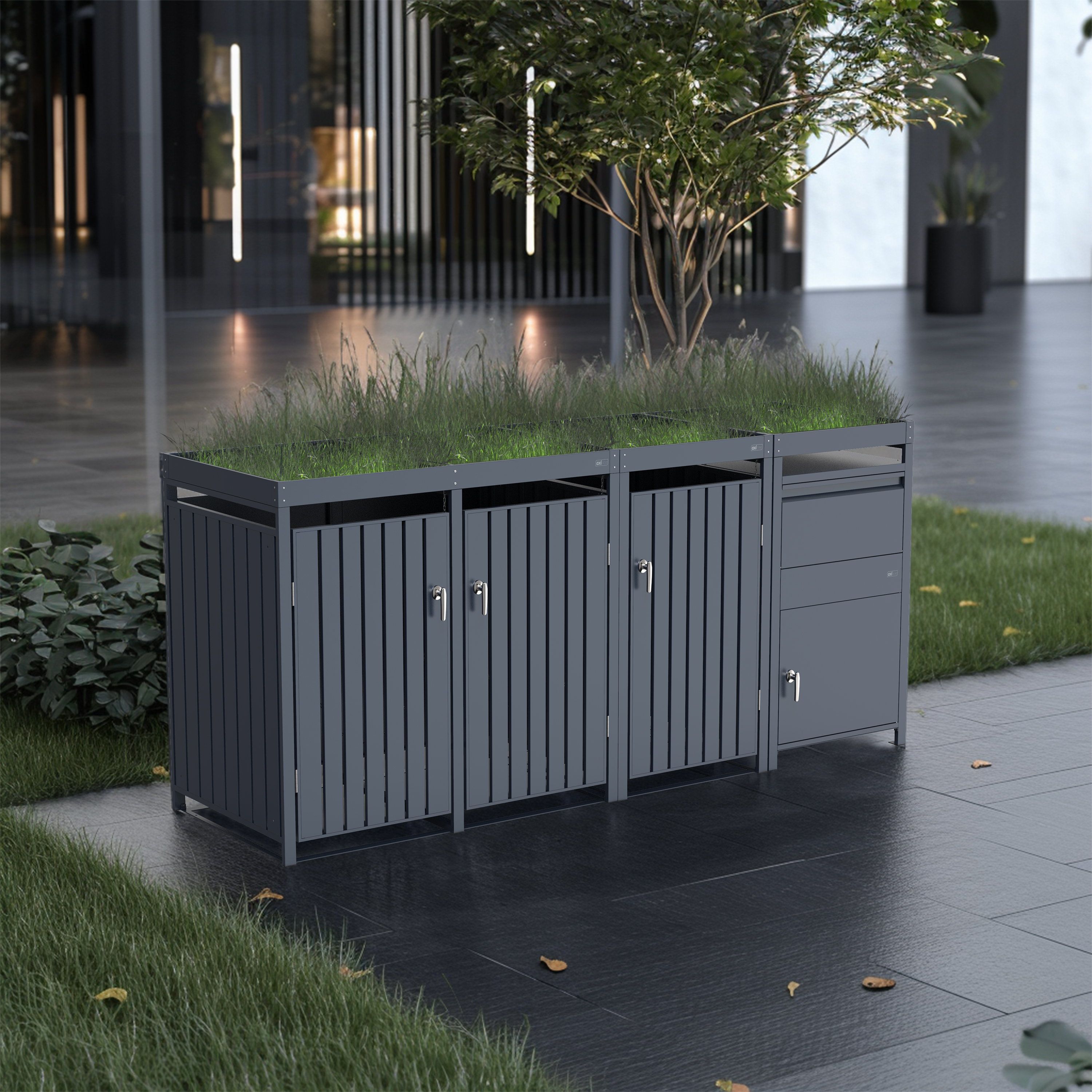 AXI Leon Bin Storage with Louis Parcel Postbox Anthracite – 3 Garbage Bins