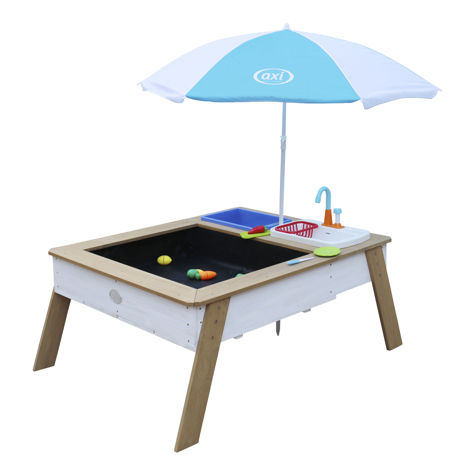 productfoto AXI Linda Zand & Water Tafel met Speelkeuken wastafel Bruin/wit - Parasol Blauw/wit