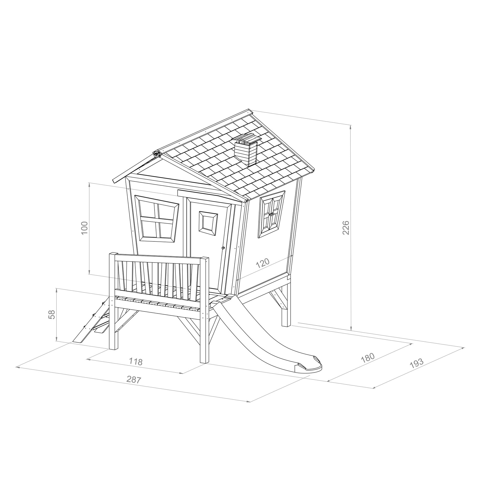 maattekening AXI Iris Speelhuis Bruin/groen - Rode glijbaan