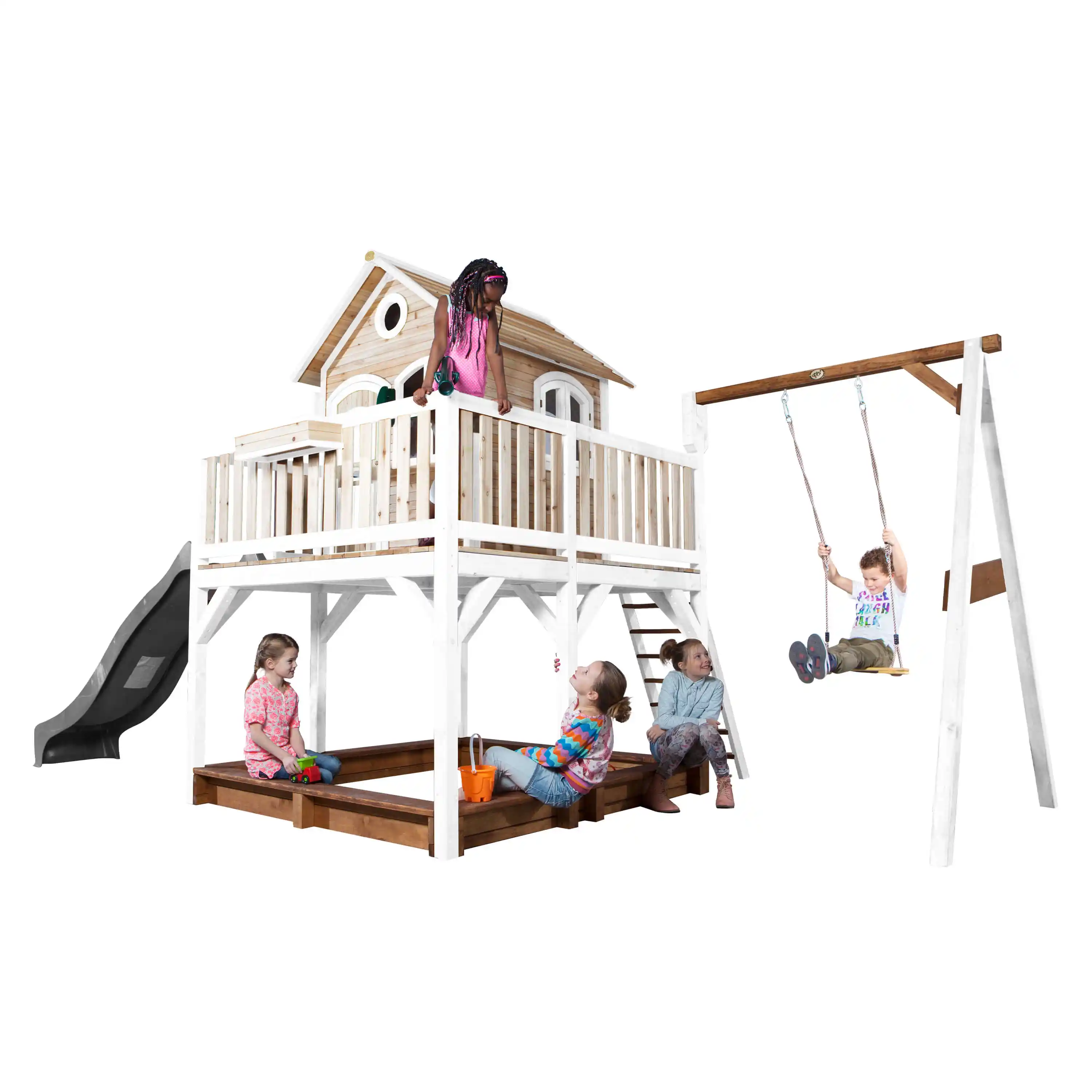 AXI Liam Playhouse with Single Swing Set Brown/White - Grey Slide