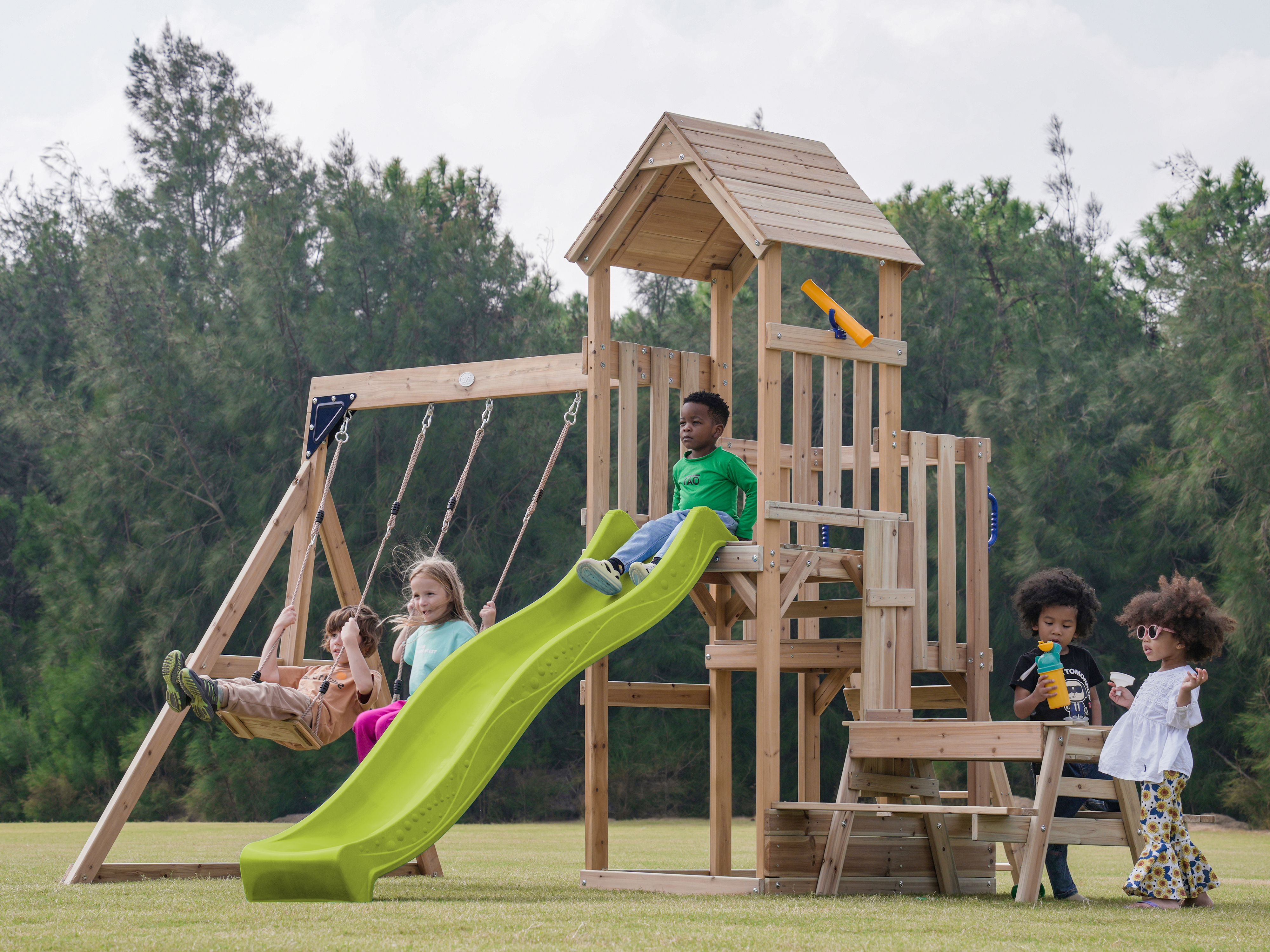 AXI Mette Climbing Frame with Double Swing Set and Picnic Table - Lime Green Slide