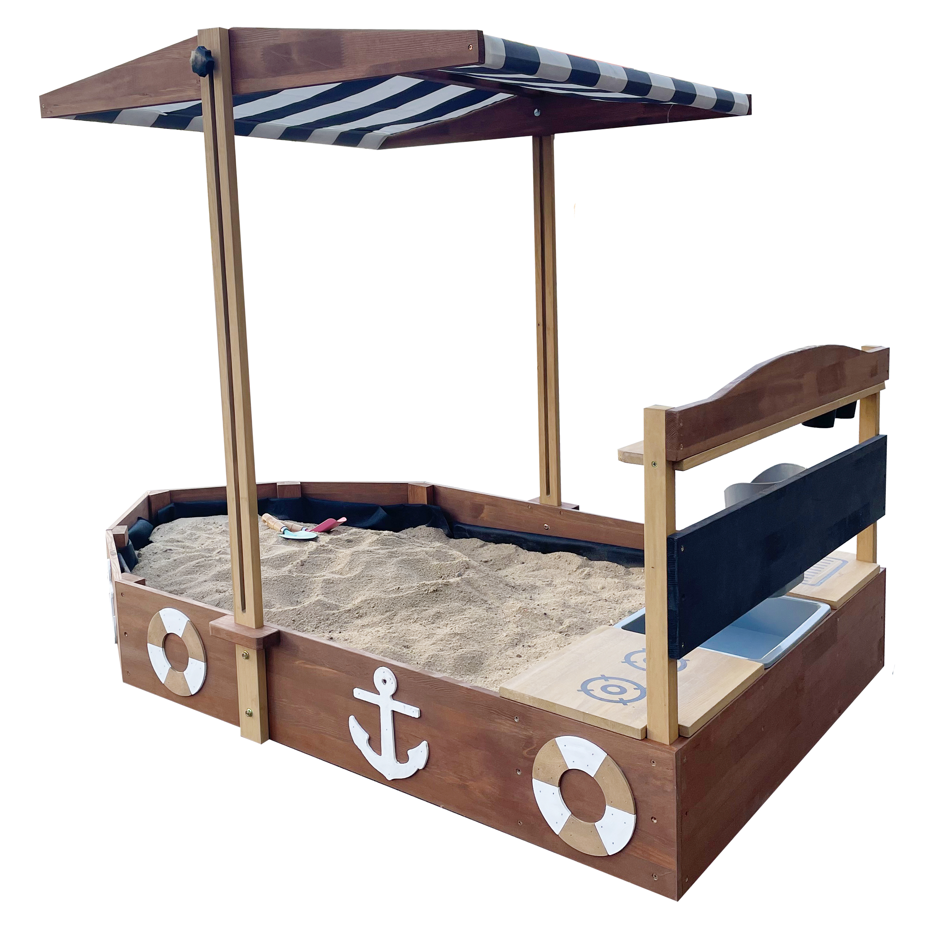 AXI Dora Boat Sandbox with Play Kitchen and Roof 160 x 100 cm Brown/Anthracite